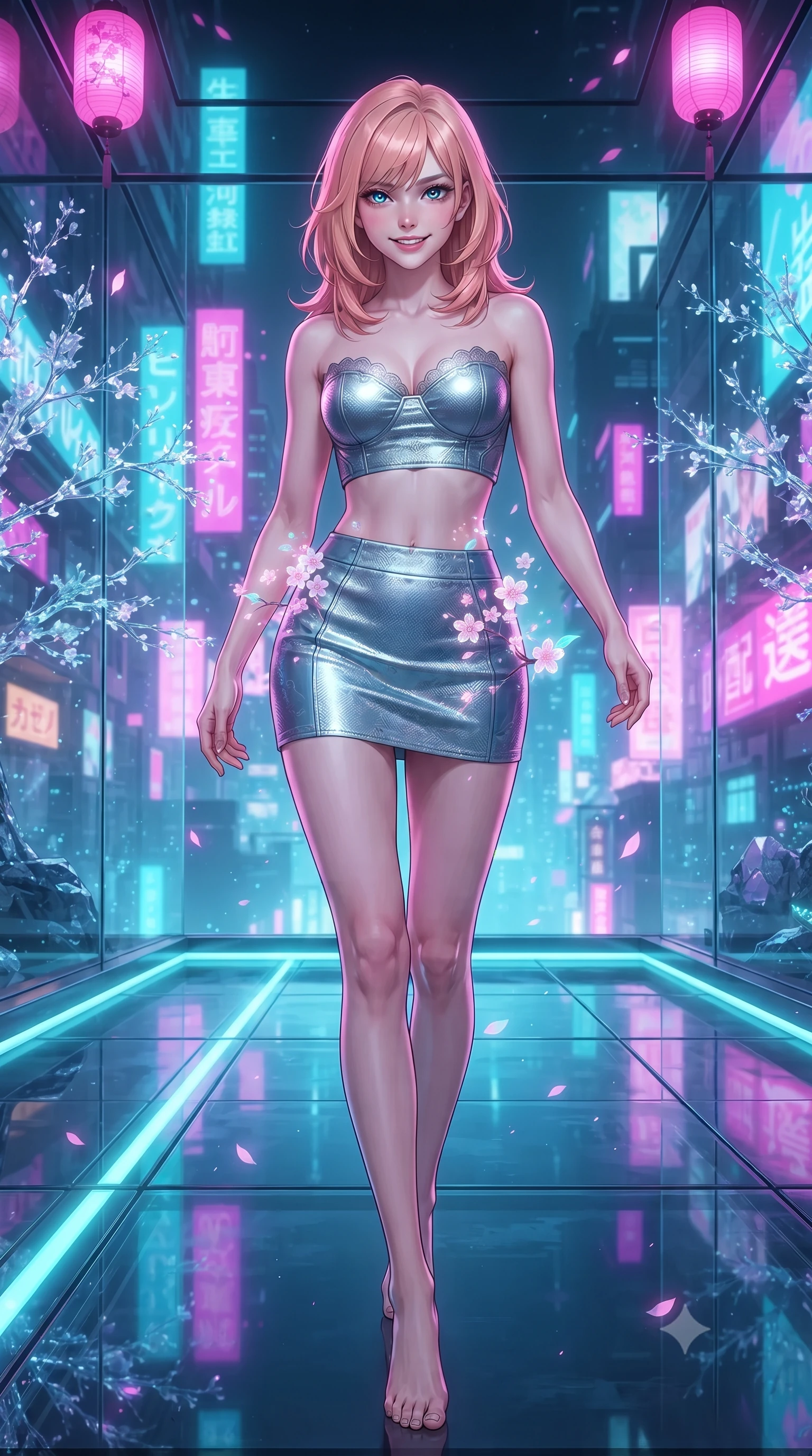 score_9, masterpiece, best quality, ultra-detailed, high-budget anime keyframe, editorial fashion photography, tasteful artistic composition, Japanese woman. low angle full-body shot from head to toe showing her feet, filling the entire 9:16 vertical frame with her statuesque presence, stretching her vertical silhouette. stepping slowly toward the camera with hypnotic grace, hips swaying in an alluring sensual rhythm that accentuates her curvy hourglass silhouette and long slender legs while twisting her slender torso in an alluring contrapposto stance beside the shallow reflecting pool, holographic cherry blossoms caressing her narrow waist and curvy hips. The surrounding environment is rendered in vivid detail and crisp panoramic clarity: sharp nano-glass floor reflections, intricate crystalline branch lattices, and streaming neon Kanji holographic billboards through panoramic glass in deep focus. She has an exceptionally tall and slender model-like 8.5-heads proportion, an ultra-slim waist, a flat toned midriff, narrow delicate ribcage, and beautifully sculpted feminine hips creating a graceful, slim hourglass silhouette without any bulky heaviness, with impossibly long slender legs. sharp v-shaped jawline, high-bridge nose, intricate jewel-like sparkling eyes with depth, thick eyelashes, glossy parted lips with a natural peach sheen, bright cheerful beaming smile with an enchanting and coquettish sensual glint, exuding both youthful cute charm and seductive allure, flawlessly proportioned anatomical accuracy, strict slender model proportions, natural body alignment, perfectly sculpted long slender limbs, ultra-slim waistline, clean dynamic posture without body distortion. wearing an ultra-cropped tech-wear bandeau top paired with a micro mini skirt revealing her flat toned midriff in Shackleton lunar ice silver and Earthrise cobalt, woven from structured carbon-fiber jacquard with rich textural depth, finished with scalloped eyelash lace trim framing her sweetheart neckline with intimate elegance, the glove-like clinging cut tightly following the natural contour of her hips and long slender legs with youthful 8.5-heads elegance. bathed in the ethereal glow of neon magenta sakura lanterns combined with cool electric-cyan floor up-lights. ultra-reflective glossy finish, specular highlights, rich textural contrasts, high-contrast stereoscopic depth, volumetric dynamic lighting, 2k, ultra detail, master piece, 9:16 ratio