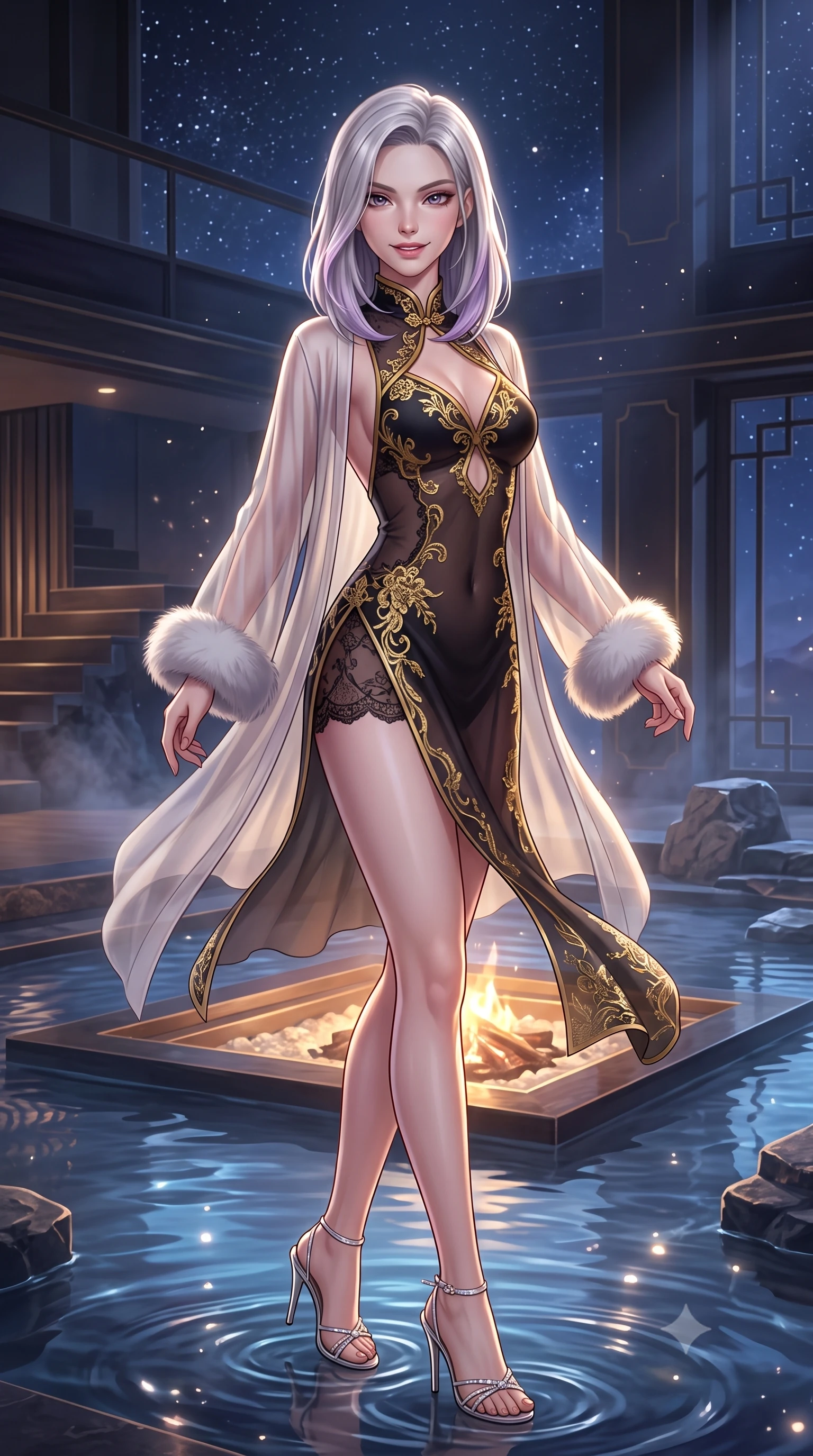 score_9, masterpiece, best quality, ultra-detailed, high-budget anime keyframe, semi-realistic 3D game render, editorial fashion photography, tasteful artistic composition, Caucasian woman. low angle full-body shot from head to toe showing her feet, filling the entire 9:16 vertical frame with her statuesque presence, stretching her vertical silhouette. executing a slow, graceful pivot turn as her skirt sways around her slender legs, glancing back with an enchanting, teasing sensual expression while twisting her slender torso in an alluring contrapposto stance beside the sunken hearth, starlight and water ripples tracing her flat midriff. The surrounding environment is rendered in vivid detail and crisp panoramic clarity: detailed translucent cashmere-gauze boudoir robe with faux-fur cuffs, strappy lace bralette cling, and alpine engineering in razor-sharp precision. She has an exceptionally tall and slender model-like 8.5-heads proportion, an ultra-slim waist, a flat toned midriff, narrow delicate ribcage, and beautifully sculpted feminine hips creating a graceful, slim hourglass silhouette without any bulky heaviness, with impossibly long slender legs. sharp v-shaped jawline, high-bridge nose, intricate jewel-like sparkling eyes with depth, thick eyelashes, glossy parted lips with a natural peach sheen, bright cheerful beaming smile with an enchanting and coquettish sensual glint, exuding both youthful cute charm and seductive allure, flawlessly proportioned anatomical accuracy, strict slender model proportions, natural body alignment, perfectly sculpted long slender limbs, ultra-slim waistline, clean dynamic posture without body distortion. wearing a delicate sheer Chantilly lace cheongsam teddy with open mandarin collar and deep keyhole back in Shanghai noir black and imperial 24k gold, crafted from translucent silk organza with an ethereal crystalline sheen, complemented by strappy stiletto sandals with crystal ankle wraps accentuating her slender calves, the form-contouring silhouette accentuating her sculpted flat midriff, narrow delicate ribcage, and gracefully curvy hips with intoxicating allure. illuminated by still water mirror bounce and sharp platinum-gold rim lights sculpting her features, flat midriff, and slender waist. highly saturated vibrant anime colors, detailed shading with soft gradients, rich glossy textures, high-contrast stereoscopic depth, volumetric dynamic lighting, master piece, 9:16 ratio