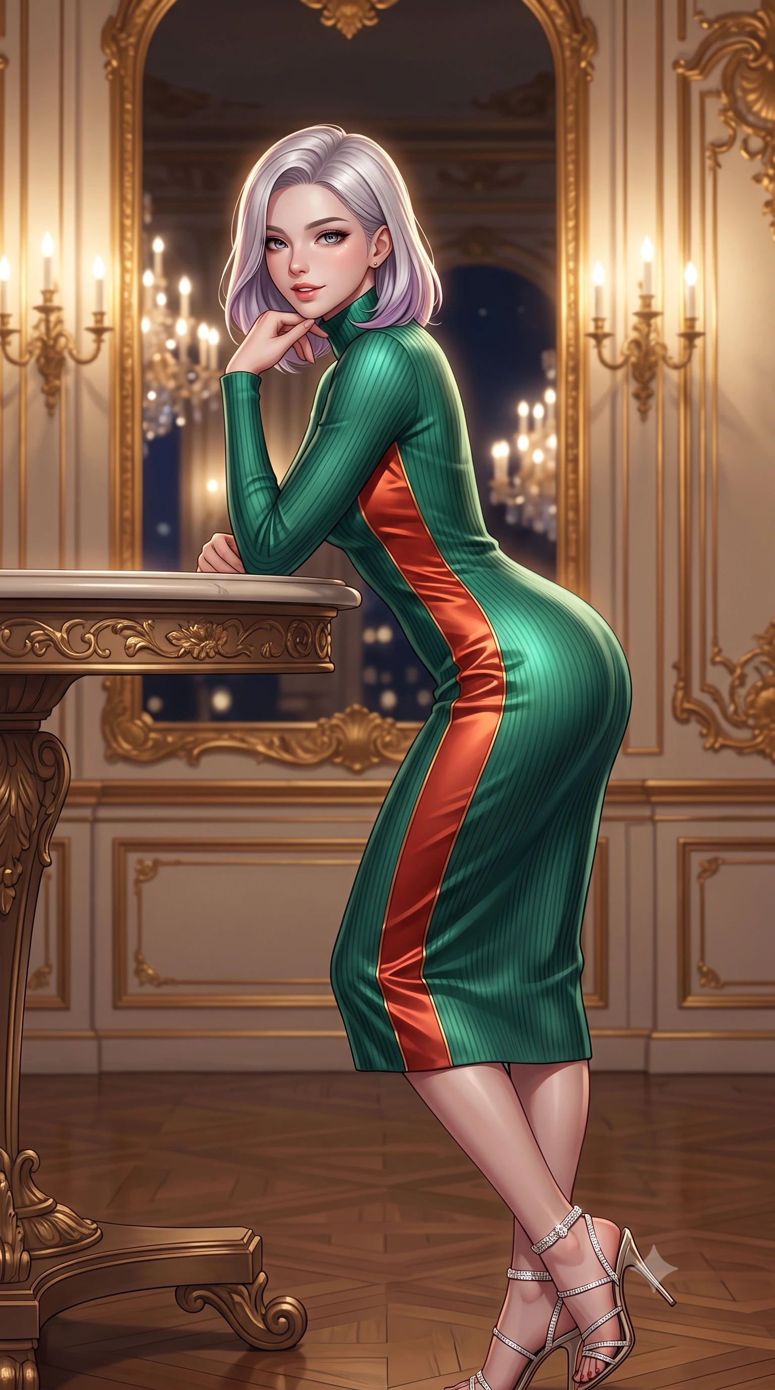 score_9, masterpiece, best quality, ultra-detailed, high-budget anime keyframe, semi-realistic 3D game render, editorial fashion photography, tasteful artistic composition, Caucasian woman. close-up cowboy shot from the waist and thighs up, the character dominates the composition, filling the frame with her large presence. resting one elbow on the table and supporting her chin, leaning close to the camera with heavy-lidded sparkling eyes and parted lips while posing in an alluring rear three-quarter angle with hips cocked back, glancing over her shoulder with an enchanting, parted-lip smile. The background shows a soft-focus infinite crystal chandelier reflections in tall French mirrors, gold-leaf rococo boiserie panels, and Heldenplatz square at night blurred into champagne, ivory, and gold bokeh. She has an exceptionally elegant, slender, and willowy female figure with an ultra-slim waist, flat toned midriff, narrow ribcage, and sculpted feminine hips creating an alluring, slim hourglass silhouette without bulk. sharp v-shaped jawline, high-bridge nose, intricate jewel-like sparkling eyes with depth, thick eyelashes, glossy parted lips with a natural peach sheen, bright cheerful beaming smile with an enchanting and coquettish sensual glint, exuding both youthful cute charm and seductive allure, flawlessly proportioned anatomical accuracy, strict slender model proportions, natural body alignment, perfectly sculpted long slender limbs, ultra-slim waistline, clean dynamic posture without body distortion. wearing a form-fitting ribbed knit midi dress with high turtleneck hugging every contour of her hourglass frame in Tanjong Pagar Peranakan jade green and gilded vermilion, crafted from fluid liquid silk satin that clings smoothly to her narrow waist and rounded hips with a dewy sheen, complemented by strappy stiletto sandals with crystal ankle wraps accentuating her slender calves, the impeccably tailored cut draping gracefully along her slender figure with aristocratic poise. bathed in the sparkling multi-tiered illumination of antique Austrian crystal chandeliers dimmed to an evening glow. highly saturated vibrant anime colors, detailed shading with soft gradients, rich glossy textures, high-contrast stereoscopic depth, volumetric dynamic lighting, master piece, 9:16 ratio