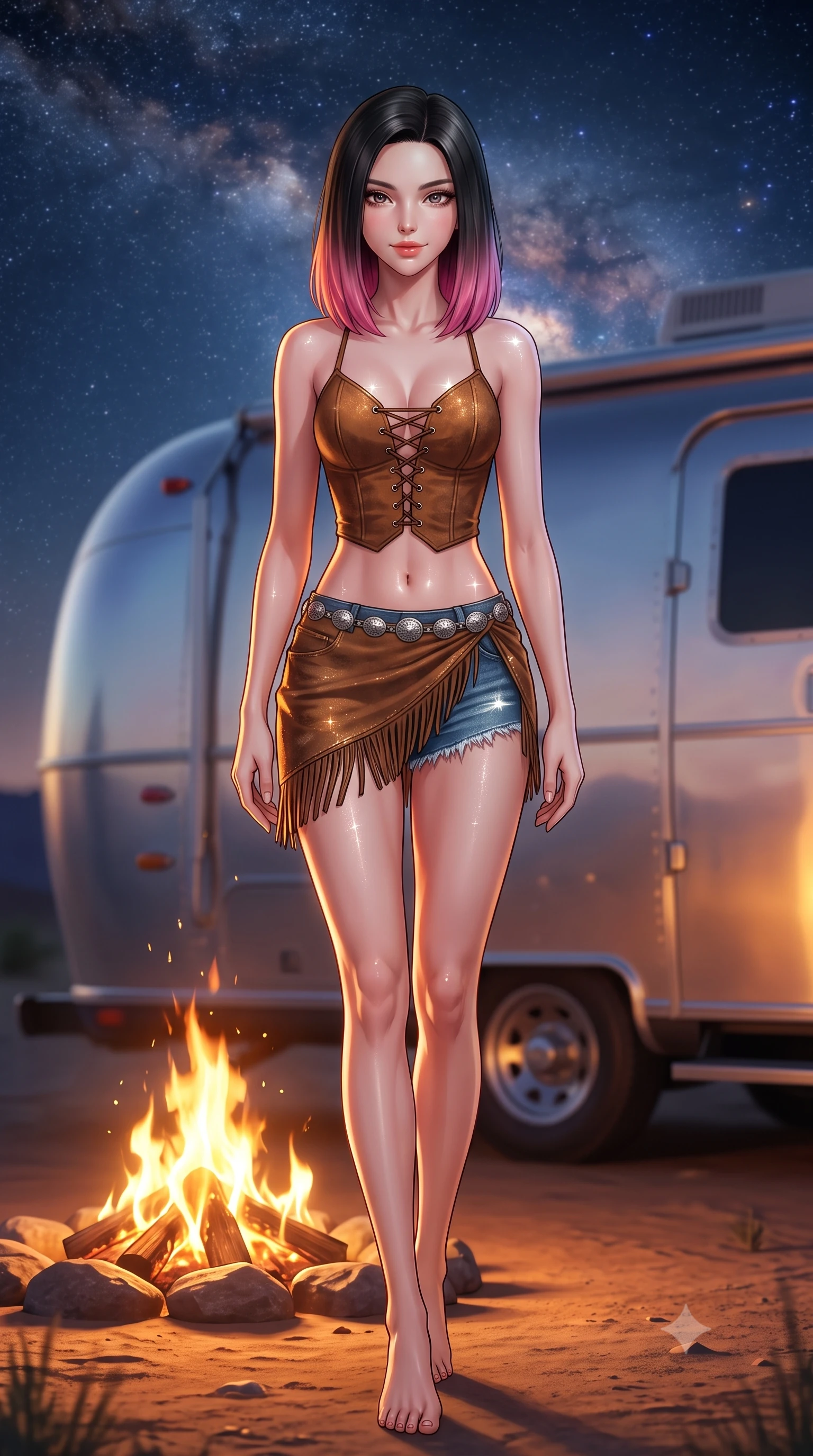 score_9, masterpiece, best quality, ultra-detailed, high-budget anime keyframe, semi-realistic 3D game render, editorial fashion photography, tasteful artistic composition, Korean woman. low angle full-body shot from head to toe showing her feet, filling the entire 9:16 vertical frame with her statuesque presence, stretching her vertical silhouette. stepping slowly toward the camera with hypnotic grace, hips swaying in an alluring sensual rhythm that accentuates her curvy hourglass silhouette and long slender legs while standing beside the crackling campfire in the open desert, arching her spine with seductive bohemian grace under the Milky Way. The background shows a soft-focus curved aluminum trailer reflections softened in magical desert night shallow focus. She has an absolutely perfect, statuesque 8.5-heads proportion, an exceptionally tall and slender model-like female figure with impossibly long slender legs, an ultra-slim waist, a flat toned midriff, narrow delicate ribcage, and beautifully sculpted feminine hips creating a graceful, slim hourglass silhouette without any bulky heaviness. sharp v-shaped jawline, high-bridge nose, sparkling eyes with hypnotic seductive depth, thick curled eyelashes, glossy parted lips with a natural dewy peach sheen, alluring bedroom-eyes with an enchanting coquettish smile, exuding magnetic siren charisma and sophisticated glamour, flawlessly proportioned anatomical accuracy, strict slender model proportions, natural body alignment, perfectly sculpted long slender limbs, ultra-slim waistline, clean dynamic posture without body distortion. wearing a plunging lace-up suede bustier top paired with ultra-short frayed denim cutoffs and a silver concho waist chain in distressed whiskey leather brown and sun-bleached denim blue, woven from stretch metallic lurex jersey casting radiant starlight glints across her silhouette, finished with a delicate leather fringe trim fluttering along her hip line with kinetic charm, the high-slit wrap tailoring accentuating her ultra-slim waistline and the enchanting curve of her feminine hips with alluring seductive charm. illuminated by aluminum trailer reflection bounce and sharp amber-gold rim lighting sculpting her jawline, flat midriff, and voluptuous hip curves. highly saturated vibrant anime colors, detailed shading with soft gradients, rich glossy textures, high-contrast stereoscopic depth, volumetric dynamic lighting, master piece, 9:16 ratio