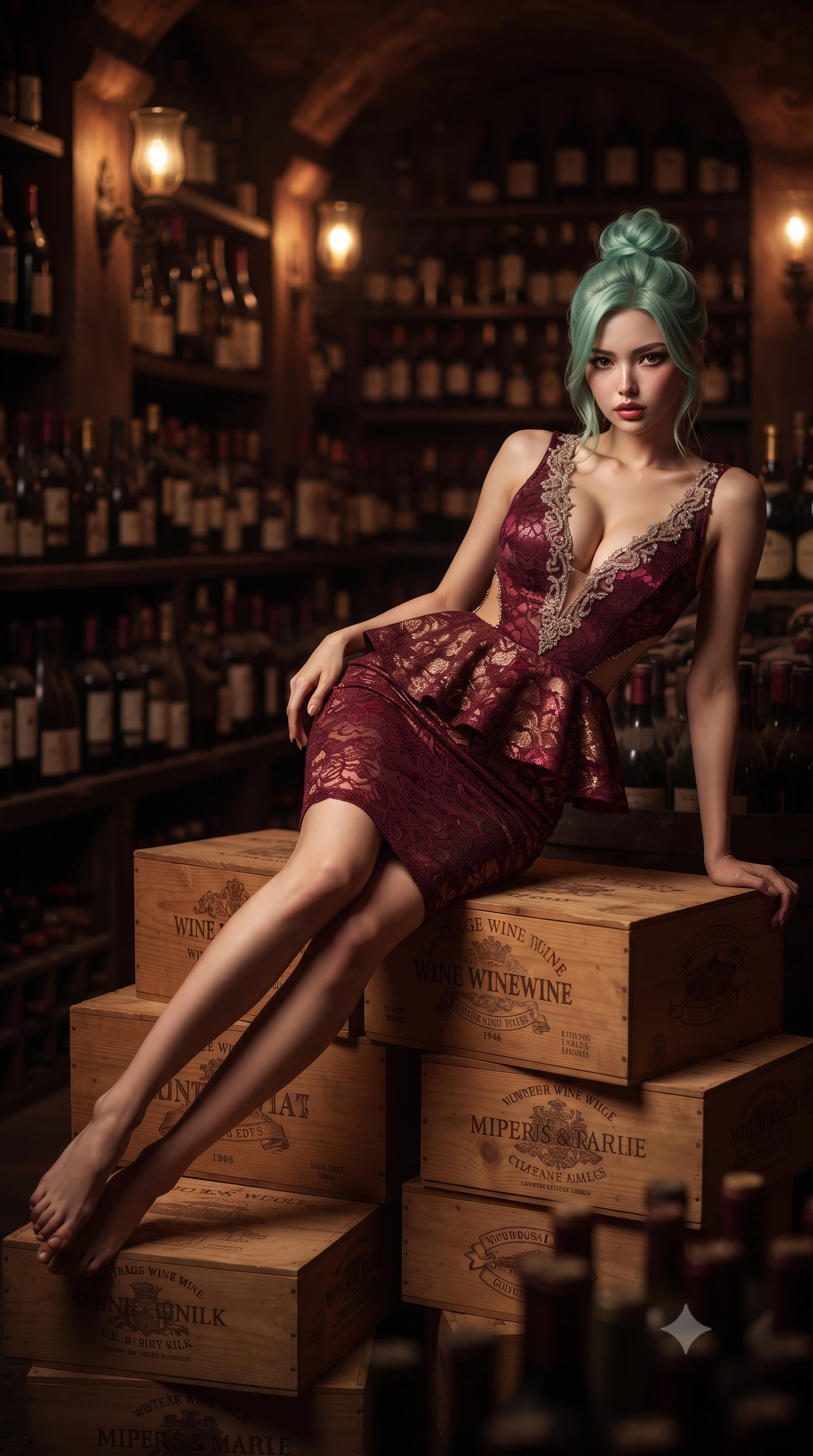 score_9, masterpiece, best quality, ultra-detailed, high-budget anime keyframe, editorial fashion photography, tasteful artistic composition, Japanese woman. low angle full-body shot from head to toe showing her feet, filling the entire 9:16 vertical frame with her statuesque presence, stretching her vertical silhouette. striding forward in a proud supermodel runway stride, hips swaying in an alluring kinetic rhythm that accentuates her curvy hourglass silhouette while reclining languidly atop stacked antique wine crates propped on one elbow, her curvy hips and long slender legs creating a breathtaking line in the candlelit cellar. The composition keeps background elements in soft focus with creamy bokeh. thousands of dusty vintage wine bottles and flickering wall sconces blurred into deep ruby, warm amber, and aged burgundy bokeh. She has an absolutely perfect, statuesque 8.5-heads proportion, an exceptionally tall and slender model-like female figure with impossibly long slender legs, a toned flat midriff, an ultra-slim waist, and beautifully sculpted feminine hips. sharp v-shaped jawline, high-bridge nose, intricate jewel-like eyes with depth, thick eyelashes, glossy parted lips with a natural sheen, intensely captivating and seductive bedroom-eyes expression, flawlessly proportioned anatomical accuracy, strict slender model proportions, natural body alignment, perfectly sculpted long slender limbs, ultra-slim waistline, clean dynamic posture without body distortion. wearing a modern peplum corset dress with side-waist diamond cutouts and an ultra-tight silhouette in deep Merlot burgundy and liquid gold, formed from shimmering floral lace over smooth opaque silk lining, finished with delicate crystal frost embroidery tracing the plunging neckline, the second-skin form-contouring cut accentuating her sculpted flat midriff, narrow waistline, and dramatically curvy hips without adding bulk. surrounded by an opulent, intimate, and dangerously intoxicating vintage wine empress aura. ultra-reflective glossy finish, specular highlights, rich textural contrasts, high-contrast stereoscopic depth, volumetric dynamic lighting, 2k, ultra detail, master piece, 9:16 ratio