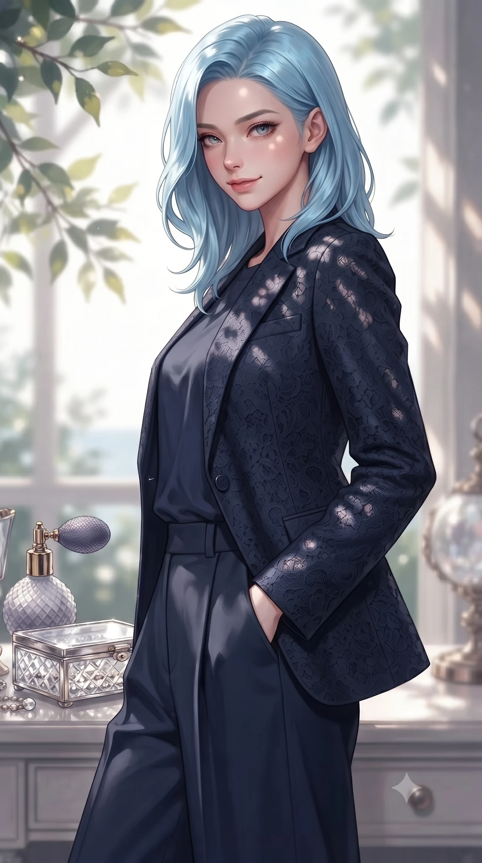 score_9, masterpiece, best quality, ultra-detailed, high-budget anime keyframe, editorial fashion photography, tasteful artistic composition, Korean woman. close-up cowboy shot from the waist and thighs up, the character dominates the composition, filling the frame with her large presence, background elements kept in soft focus. glancing sidelong over her shoulder with an intoxicating, lingering stare and a subtle, knowing smile set against a soft-focus background of inside an exclusive coastal veranda with a vintage perfume atomizer and crystal jewelry box reflecting soft light. She has an exceptionally elegant, slender, and willowy female figure with an ultra-slim waist, a gracefully sculpted slender torso, and a refined silhouette. sharp v-shaped jawline, high-bridge nose, intricate jewel-like eyes with depth, thick eyelashes, glossy lips with a natural sheen. wearing tailored midnight navy delicate lace tailored casual blazer paired with a loose tee and wide-leg trousers featuring refined tailored seams. highlighted by dappled sunlight filtering through leafy branches, creating soft organic patterns. ultra-reflective glossy finish, specular highlights, metallic sheen, high-contrast stereoscopic depth, volumetric dynamic lighting, 2k, ultra detail, master piece, 9:16 ratio