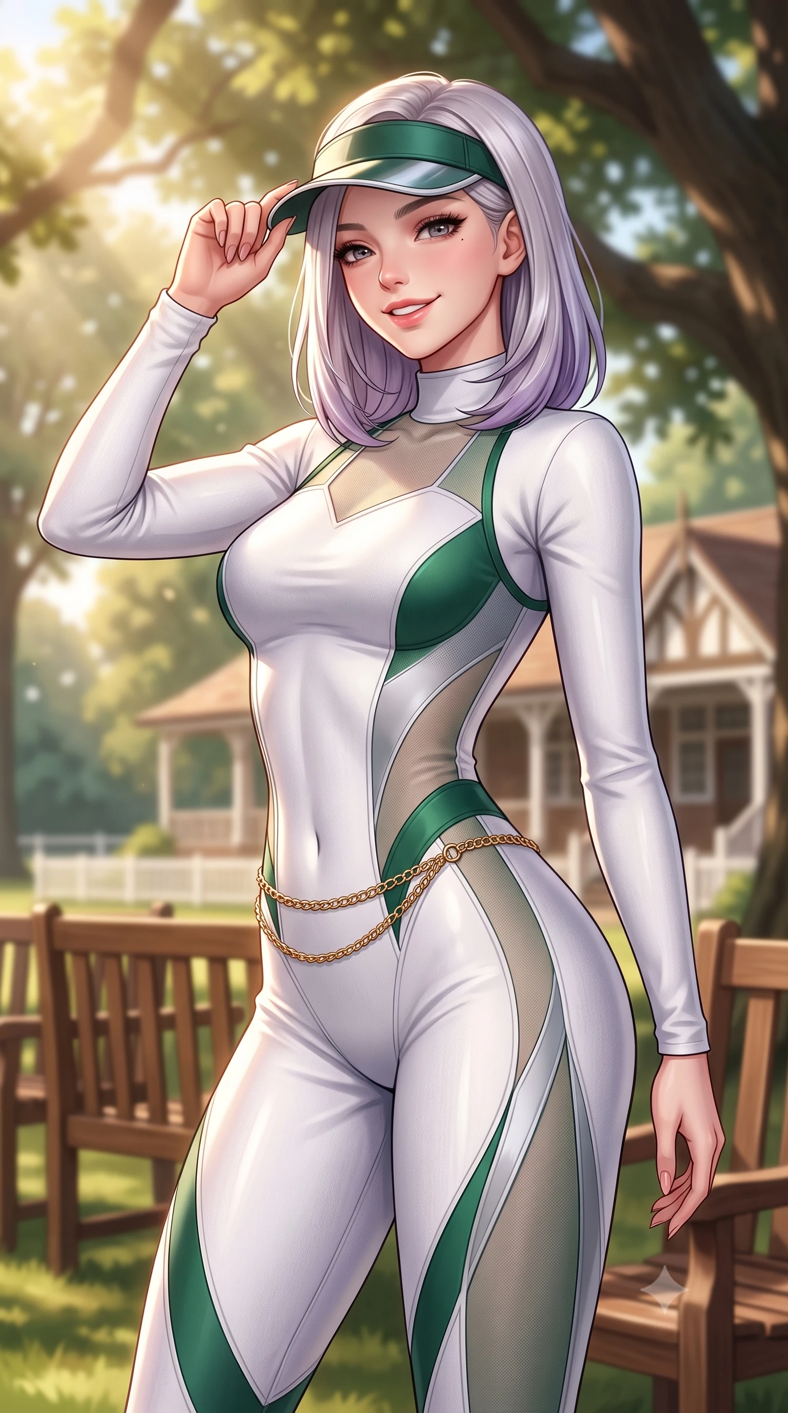 score_9, masterpiece, best quality, ultra-detailed, high-budget anime keyframe, semi-realistic 3D game render, editorial fashion photography, tasteful artistic composition, Caucasian woman. close-up cowboy shot from the waist and thighs up, the character dominates the composition, filling the frame with her large presence. tilting her head with a cute beaming smile while arching her spine with athletic poise, one hand adjusting her racing visor in a flirtatious S-curve while twisting her slender torso in an alluring contrapposto stance, English summer sunbeams highlighting her crisp white tennis fit and curvy hips. The background shows a soft-focus classic wooden court seating and members' club pavilions softened in historic British country club shallow focus. She has an exceptionally elegant, slender, and willowy female figure with an ultra-slim waist, flat toned midriff, narrow ribcage, and sculpted feminine hips creating an alluring, slim hourglass silhouette without bulk. sharp v-shaped jawline, high-bridge nose, sparkling eyes with athletic focus and depth, thick curled eyelashes, glossy parted lips with a natural coral-peach sheen, bright confident and coquettish smile with alluring bedroom-eyes, exuding both youthful sporty vigor and sovereign high-society glamour, flawlessly proportioned anatomical accuracy, strict slender model proportions, natural body alignment, perfectly sculpted long slender limbs, ultra-slim waistline, clean dynamic posture without body distortion. wearing a form-fitting white-and-emerald paddock racing jumpsuit with strategic sheer mesh panels along the torso and thighs in alpine silver platinum and forest green, tailored from ultra-soft fine cashmere yarn with an airy athletic drape, accented with a delicate gold chain belt resting loosely on her curvy hips, the form-contouring athletic cut accentuating her sculpted flat midriff, narrow delicate ribcage, and gracefully curvy hips with supermodel precision. bathed in soft warm English afternoon sunlight filtering through stately oak trees. highly saturated vibrant anime colors, detailed shading with soft gradients, rich glossy textures, high-contrast stereoscopic depth, volumetric dynamic lighting, master piece, 9:16 ratio