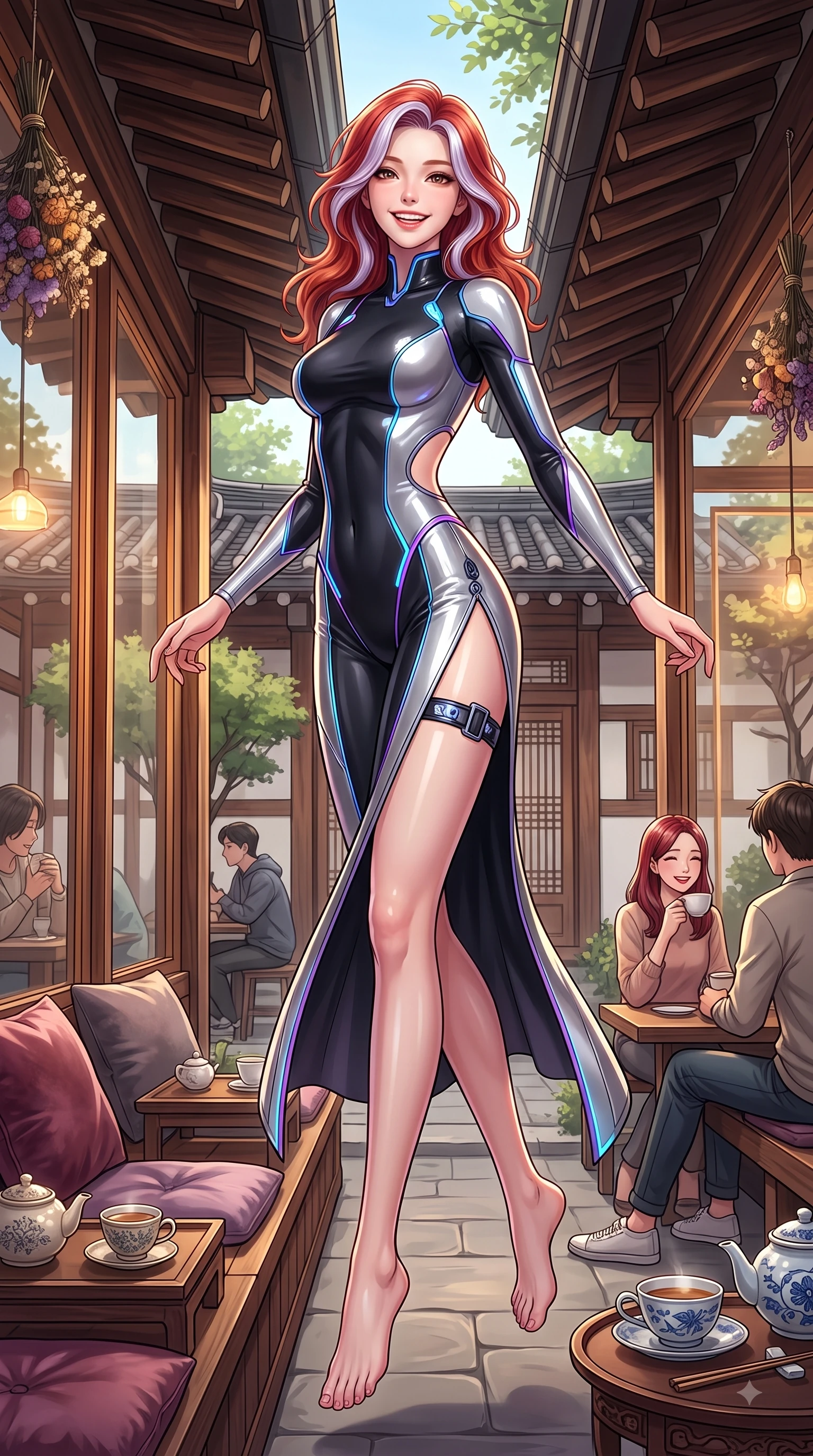 score_9, masterpiece, best quality, ultra-detailed, high-budget anime keyframe, editorial fashion photography, tasteful artistic composition, Caucasian woman. low angle full-body shot from head to toe showing her feet, filling the entire 9:16 vertical frame with her statuesque presence, stretching her vertical silhouette. performing a cheerful mid-air rotation with flawless poise, her radiant smile capturing fresh college girlhood energy while stepping along a quiet Hanok alley lined with artisanal coffee shops under warm sunlight, traditional Hanok clay roof tiles and modern glass windows framing the background. She has an absolutely perfect, statuesque 8.5-heads proportion, an exceptionally tall and slender model-like female figure with impossibly long slender legs and an ultra-slim waist. sharp v-shaped jawline, high-bridge nose, intricate jewel-like eyes with depth, thick eyelashes, glossy lips with a natural sheen, flawlessly proportioned anatomical accuracy, natural body alignment, perfectly sculpted elegant limbs, clean dynamic posture without body distortion. wearing a skin-tight cybernetic bodysuit with glowing neon seams and side cutouts in matte black and polished silver, tailored from high-gloss patent leather, finished with a sleek side slit ascending to mid-thigh, the sleek second-skin texture accentuating her magnetic presence. surrounded by a cozy, intimate, and relaxing cafe atmosphere. highly saturated vibrant anime colors, detailed shading with soft gradients, rich glossy textures, high-contrast stereoscopic depth, volumetric dynamic lighting, master piece, 9:16 ratio