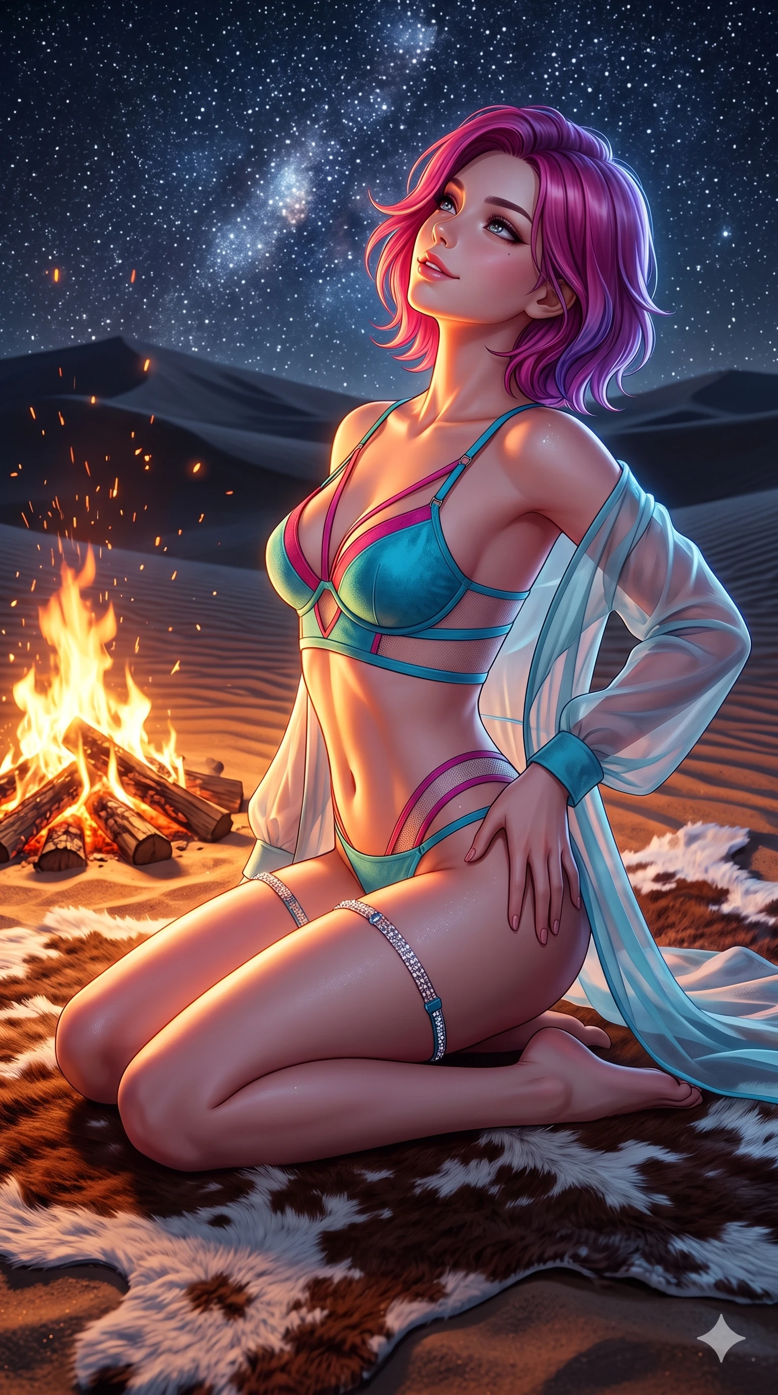 score_9, masterpiece, best quality, ultra-detailed, high-budget anime keyframe, semi-realistic 3D game render, editorial fashion photography, tasteful artistic composition, Caucasian woman. close-up cowboy shot from the waist and thighs up, the character dominates the composition, filling the frame with her large presence. arching her spine backward with effortless dancer poise, one hand sliding along her hip line as directional light carves specular highlights along her silhouette while sitting gracefully on a distressed cowhide blanket beside the crackling bonfire with one knee bent, arching her spine with supermodel elegance as she glances upward at the stars. The surrounding environment is rendered in vivid detail and crisp panoramic clarity: sharp wind-rippled sand dune crests, glowing wood embers with floating sparks, and intricate cowhide fur texture in deep focus. She has an exceptionally elegant, slender, and willowy female figure with an ultra-slim waist, flat toned midriff, narrow ribcage, and sculpted feminine hips creating an alluring, slim hourglass silhouette without bulk. sharp v-shaped jawline, high-bridge nose, sparkling eyes with hypnotic seductive depth, thick curled eyelashes, glossy parted lips with a natural dewy peach sheen, alluring bedroom-eyes with an enchanting coquettish smile, exuding magnetic siren charisma and sophisticated glamour, flawlessly proportioned anatomical accuracy, strict slender model proportions, natural body alignment, perfectly sculpted long slender limbs, ultra-slim waistline, clean dynamic posture without body distortion. wearing a delicate sheer chiffon western duster robe slipping off bare shoulders over a matching strappy suede bralette in blazing desert neon turquoise and fiery magenta, featuring strategic sheer-illusion micro-mesh cutouts along her ribcage and hip flanks, finished with delicate crystal-encrusted thigh garter straps glinting in the sunlight, the form-contouring material adhering flawlessly to her sculpted flat midriff and slender torso, emphasizing her long leg lines and perfectly proportioned willowy build. bathed in the high-contrast dual lighting of warm flickering firelight on her front and cool celestial diamond starlight on her silhouette. highly saturated vibrant anime colors, detailed shading with soft gradients, rich glossy textures, high-contrast stereoscopic depth, volumetric dynamic lighting, master piece, 9:16 ratio