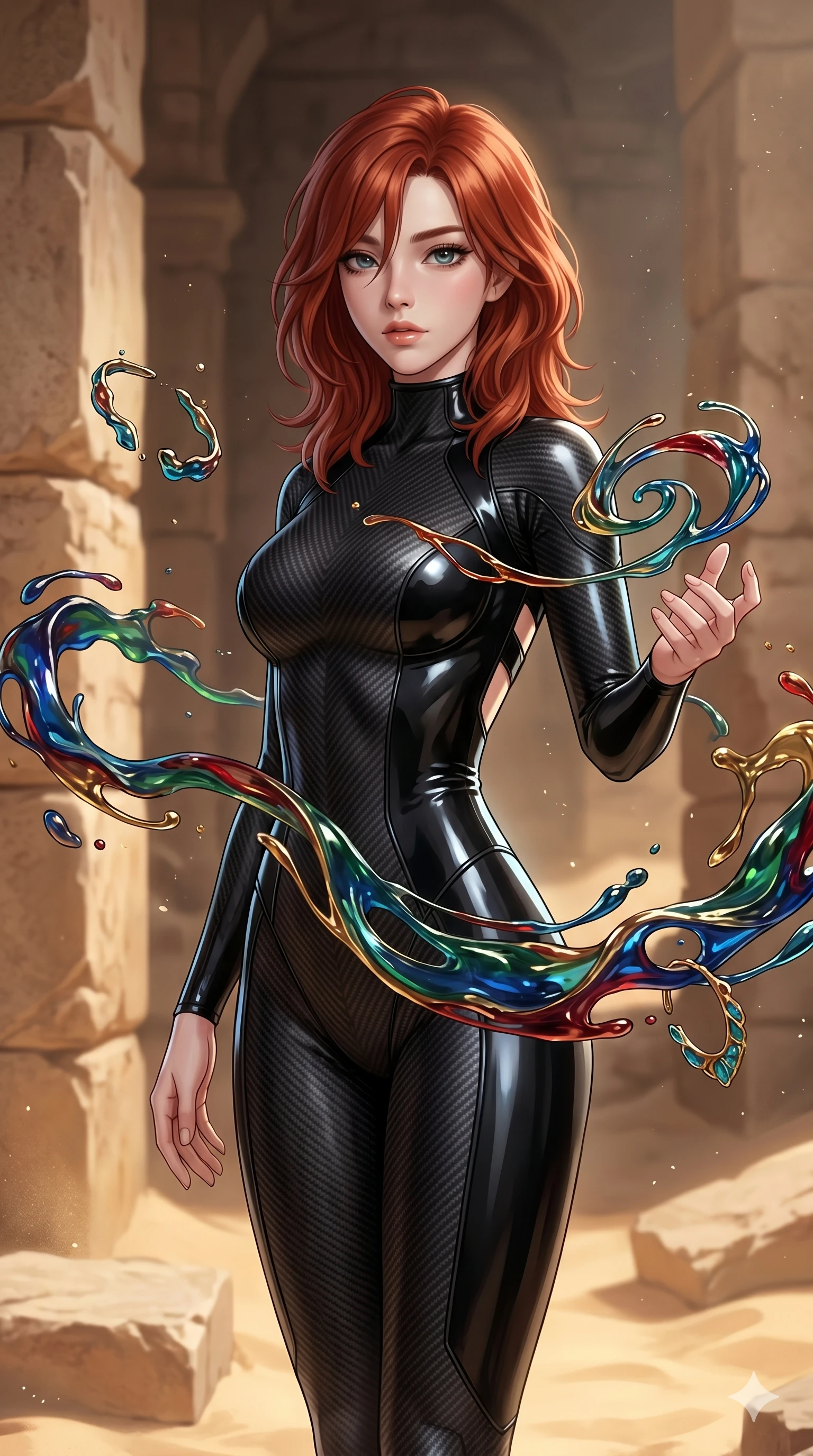 score_9, masterpiece, best quality, ultra-detailed, high-budget anime keyframe, Korean woman. upper body close-up from the thighs up, character filling the screen for maximum presence. interacting with liquid stained-glass that melts and swirls in mid-air inside a crumbling desert ruin, the fluid jewelry floating in suspension. She has an absolutely perfect 8-heads proportion, an exceptionally tall and slender female figure with impossibly long slender legs and an ultra-slim waist. V-shaped jawline, high-bridge nose, intricate jewel-like eyes with depth, thick eyelashes, glossy lips with a natural sheen.. wearing a second-skin carbon fiber combat suit, featuring matte carbon fiber and glossy latex panels with elegant slitted cutouts on the upper back. lit by a soft glowing ambient light and a sharp side key light that traces the sleek contours of her athletic build. 2k, ultra detail, master piece, 9:16 ratio