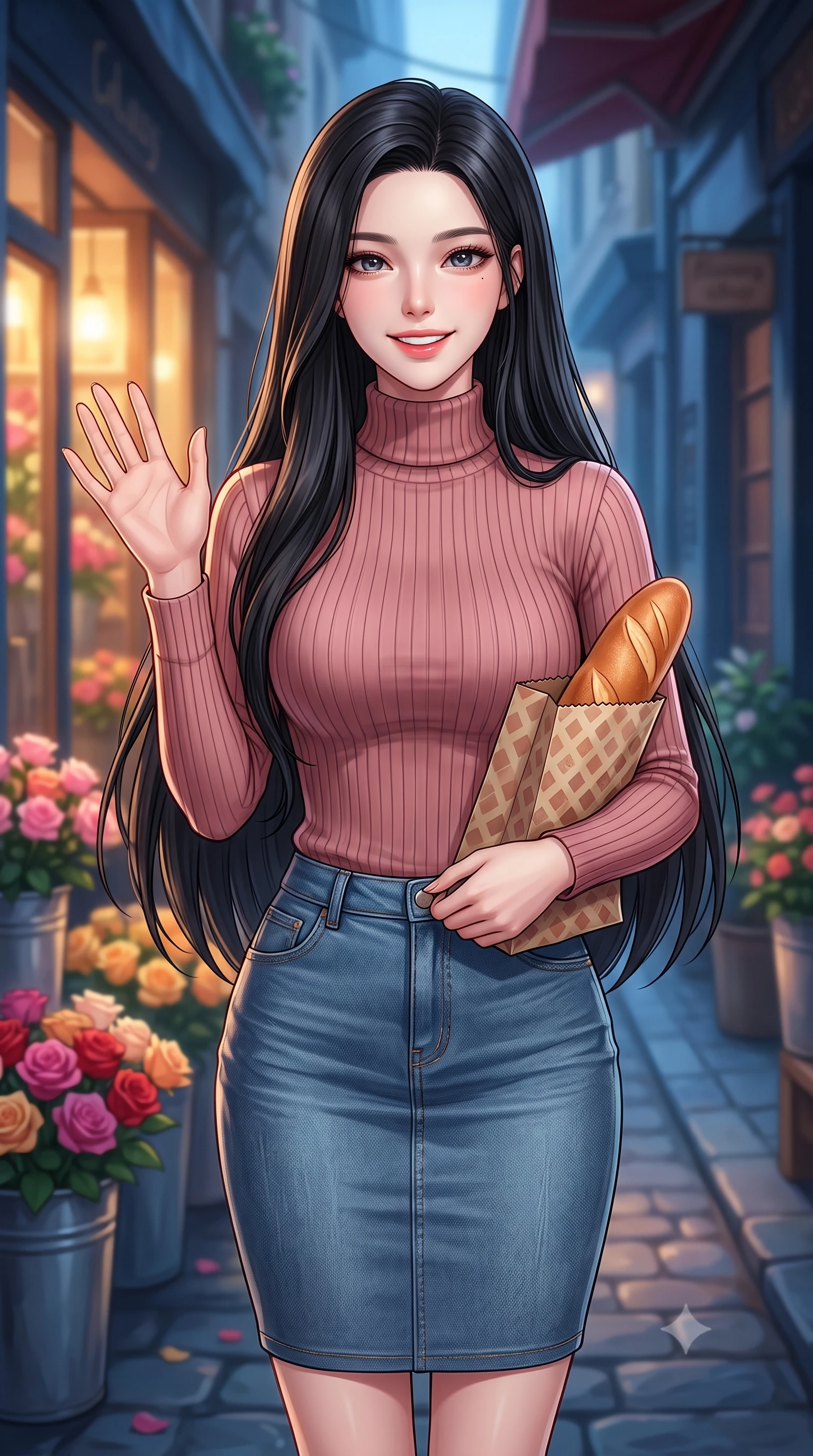 score_9, masterpiece, best quality, ultra-detailed, high-budget anime keyframe, editorial fashion photography, tasteful artistic composition, Korean woman. close-up cowboy shot from the waist and thighs up, the character dominates the composition, filling the frame with her large presence, background elements kept in soft focus. flashing a sweet, beaming smile while waving one hand gently toward the camera set against a soft-focus background of outside a charming flower shop alley filled with buckets of colorful roses holding a small paper bag of fresh warm bread, smiling cutely. She has an exceptionally elegant, slender, and willowy female figure with an ultra-slim waist, a gracefully sculpted slender torso, and a refined silhouette. sharp v-shaped jawline, high-bridge nose, intricate jewel-like eyes with depth, thick eyelashes, glossy lips with a natural sheen. wearing slim-fit form-fitting ribbed knit turtleneck in dusty rose, tucked into a slim denim pencil skirt. warm glow from the shop windows clashing with the cool blue alley shadows. highly saturated vibrant anime colors, detailed shading with soft gradients, rich glossy textures, high-contrast stereoscopic depth, volumetric dynamic lighting, master piece, 9:16 ratio
