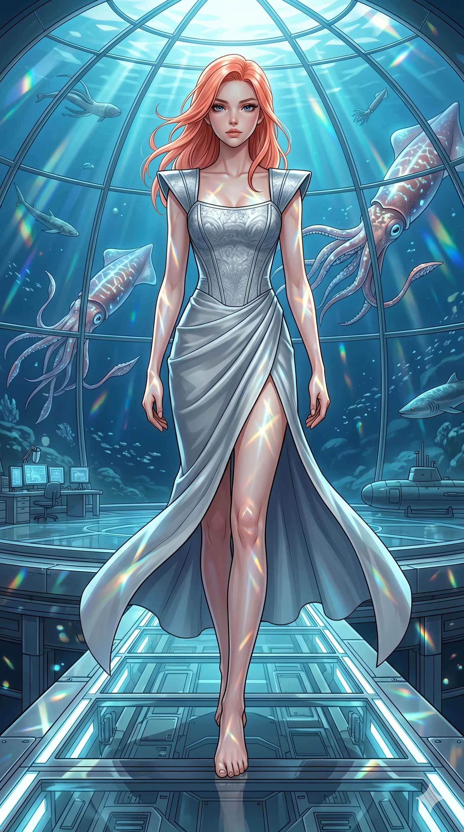 score_9, masterpiece, best quality, ultra-detailed, high-budget anime keyframe, editorial fashion photography, tasteful artistic composition, Japanese woman. low angle full-body shot from head to toe showing her feet, filling the entire 9:16 vertical frame with her statuesque presence, stretching her vertical silhouette. Stepping powerfully forward onto an elevated surface within a deep-sea laboratory enclosed in a giant glass sphere showing swimming giant squids. She has an absolutely perfect 8-heads proportion, an exceptionally tall and slender female figure with impossibly long slender legs and an ultra-slim waist. V-shaped jawline, high-bridge nose, intricate jewel-like eyes with depth, thick eyelashes, glossy lips with a natural sheen. wearing a structured bodice in silver jacquard with architectural shoulder straps, paired with a matching high-slit column skirt in heavy silk crepe. lit by mirror-reflected prismatic spotlights creating geometric light patterns that play across her body. 2k, ultra detail, master piece, 9:16 ratio