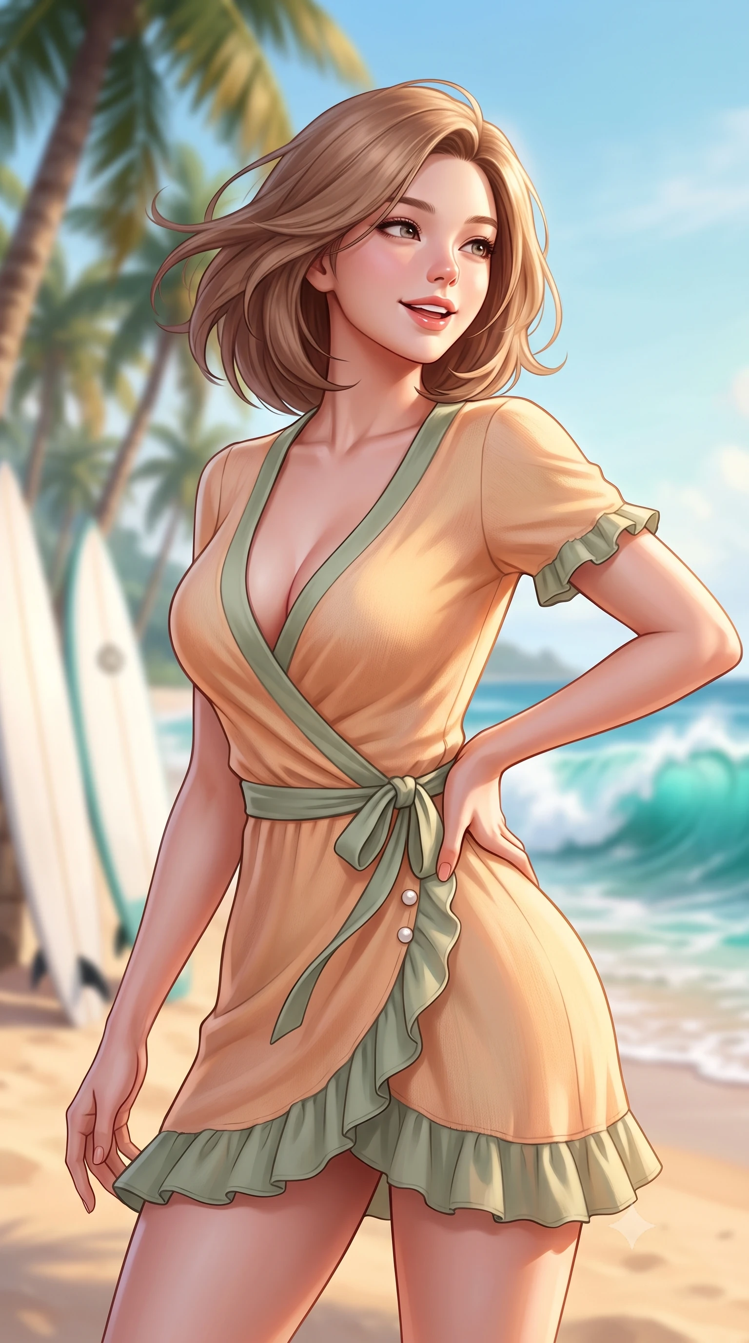 score_9, masterpiece, best quality, ultra-detailed, high-budget anime keyframe, semi-realistic 3D game render, editorial fashion photography, tasteful artistic composition, Korean woman. close-up cowboy shot from the waist and thighs up, the character dominates the composition, filling the frame with her large presence. twisting her slender torso in an alluring contrapposto stance, one hand resting on her sculpted hip while flashing a radiant, playful smile with parted glossy lips while turning in an alluring dancer S-curve as ocean trade winds whip her hair, gazing toward crashing turquoise waves with parted glossy lips. The composition keeps background elements in soft focus with dreamy creamy bokeh. swaying coconut palm groves, white surf shack boards, and turquoise Pacific breakers blurred into jade, cyan, and golden amber bokeh. She has an exceptionally elegant, slender, and willowy female figure with an ultra-slim waist, flat toned midriff, narrow ribcage, and sculpted feminine hips creating an alluring, slim hourglass silhouette without bulk. sharp v-shaped jawline, high-bridge nose, intricate jewel-like sparkling eyes with depth, thick eyelashes, glossy parted lips with a natural peach sheen, bright cheerful beaming smile with an enchanting and coquettish sensual glint, exuding both youthful cute charm and seductive allure, flawlessly proportioned anatomical accuracy, strict slender model proportions, natural body alignment, perfectly sculpted long slender limbs, ultra-slim waistline, clean dynamic posture without body distortion. wearing a breezy wrap mini dress with a deep V-neckline and tie-waist accentuating her sculpted flat midriff and hips in soft apricot and sage green, crafted from soft cozy cashmere yarn with an airy drape, finished with subtle ruffle trims and delicate pearl buttons, the precision-cut side openings and low-back scoop framing her graceful spine and the sensual sweep of her slim, toned hips. illuminated by warm sand specular reflections sharply carving her razor-sharp jawline, narrow waist, and curvy hips. highly saturated vibrant anime colors, detailed shading with soft gradients, rich glossy textures, high-contrast stereoscopic depth, volumetric dynamic lighting, master piece, 9:16 ratio