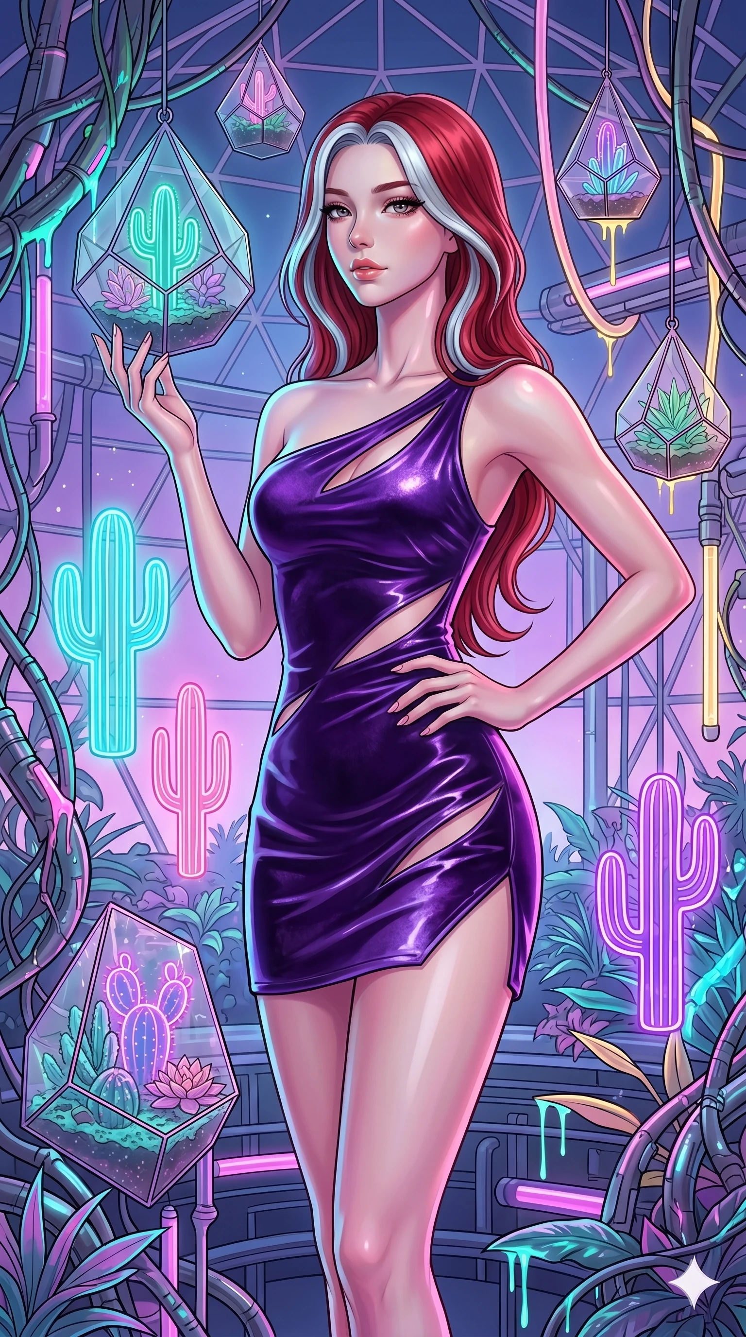 score_9, masterpiece, best quality, ultra-detailed, high-budget anime keyframe, Caucasian woman, strictly human ears. upper body close-up from the thighs up, character filling the screen for maximum presence. standing in a retro-futuristic synthwave greenhouse where glowing neon cacti and polyhedral glass terrariums float around her, while fluorescent cyber-sap drips from cybernetic vines. She has an absolutely perfect 8-heads proportion, an exceptionally tall and slender female figure with impossibly long slender legs and an ultra-slim waist. V-shaped jawline, high-bridge nose, intricate jewel-like eyes with depth, thick eyelashes, glossy lips with a natural sheen.. wearing an asymmetric liquid velvet slip dress, featuring a wet-look deep purple velvet one-shoulder mini slip with slanted slashed cutouts. enhanced by a luminous pastel spectrum glow, casting elegant rim lights on her shoulders and jawline. 2k, ultra detail, master piece, 9:16 ratio