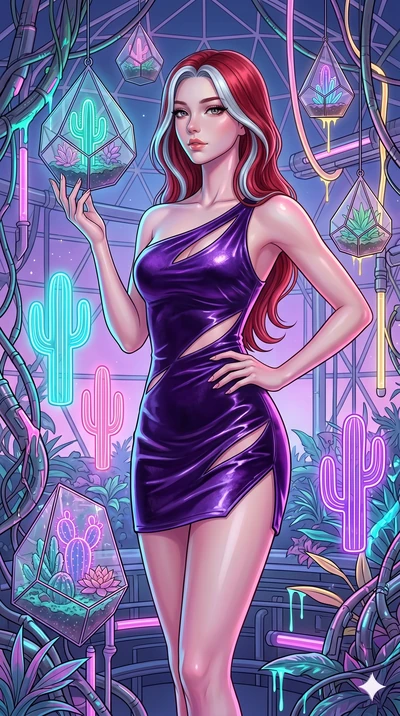 score_9, masterpiece, best quality, ultra-detailed, high-budget anime keyframe, Caucasian woman, strictly human ears. upper body close-up from the thighs up, character filling the screen for maximum presence. standing in a retro-futuristic synthwave 
