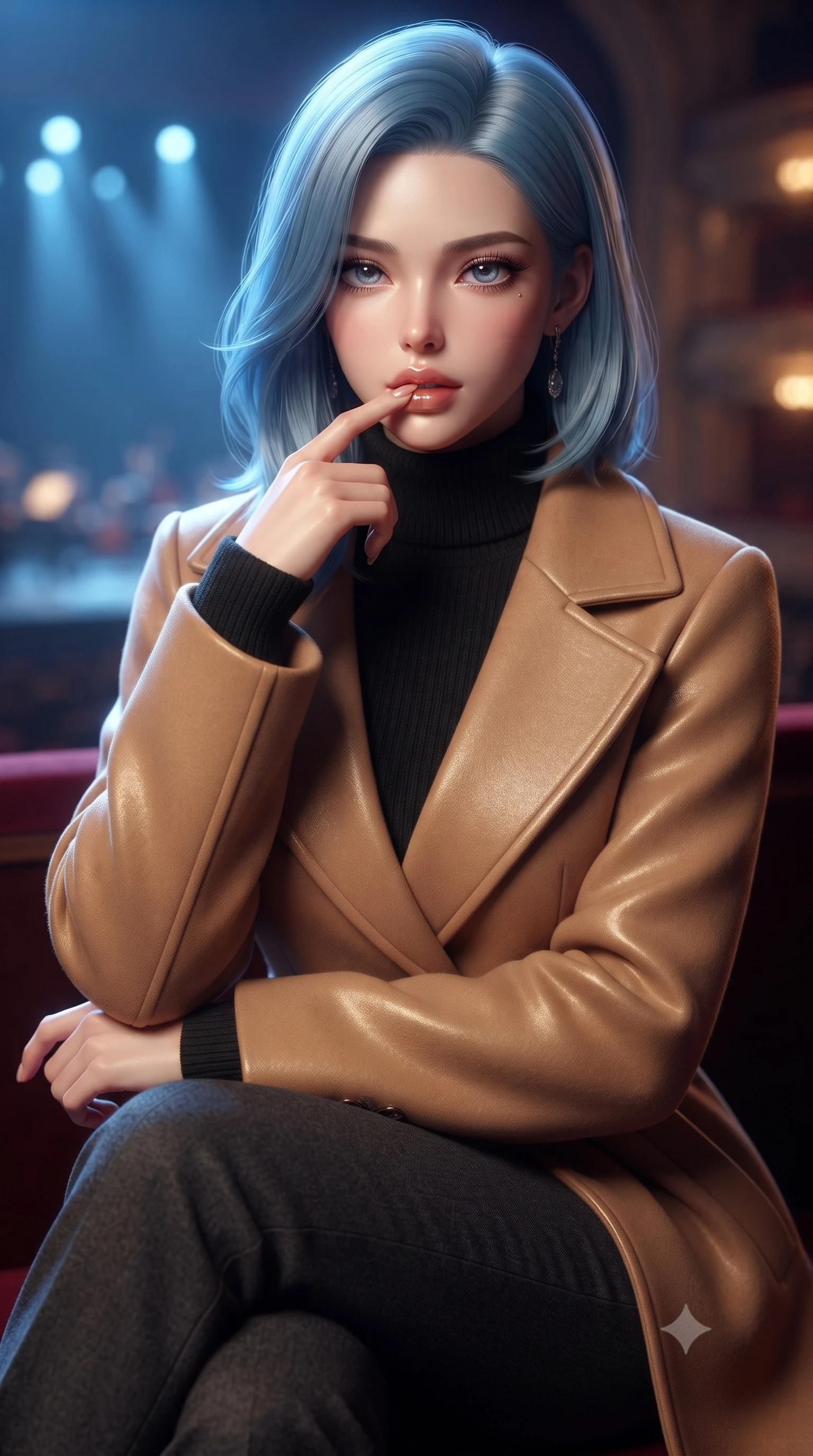 score_9, masterpiece, best quality, ultra-detailed, high-budget anime keyframe, editorial fashion photography, tasteful artistic composition, Korean woman. close-up cowboy shot from the waist and thighs up, the character dominates the composition, filling the frame with her large presence, background elements kept in soft focus. pressing one finger to her bottom lip in a thoughtful, seductive gesture under the warm sun the background shows a soft-focus a quiet opera box seat during a performance, with the stage glow in the background. She has an exceptionally elegant, slender, and willowy female figure with an ultra-slim waist, a gracefully sculpted slender torso, and a refined silhouette. sharp v-shaped jawline, high-bridge nose, intricate jewel-like eyes with depth, thick eyelashes, glossy lips with a natural sheen. wearing a form-contouring warm camel-colored wrap coat over a black turtleneck sweater and charcoal slacks. cool stage lighting contrasting with the warm amber glow of the private box. ultra-reflective glossy finish, specular highlights, metallic sheen, high-contrast stereoscopic depth, volumetric dynamic lighting, 2k, ultra detail, master piece, 9:16 ratio