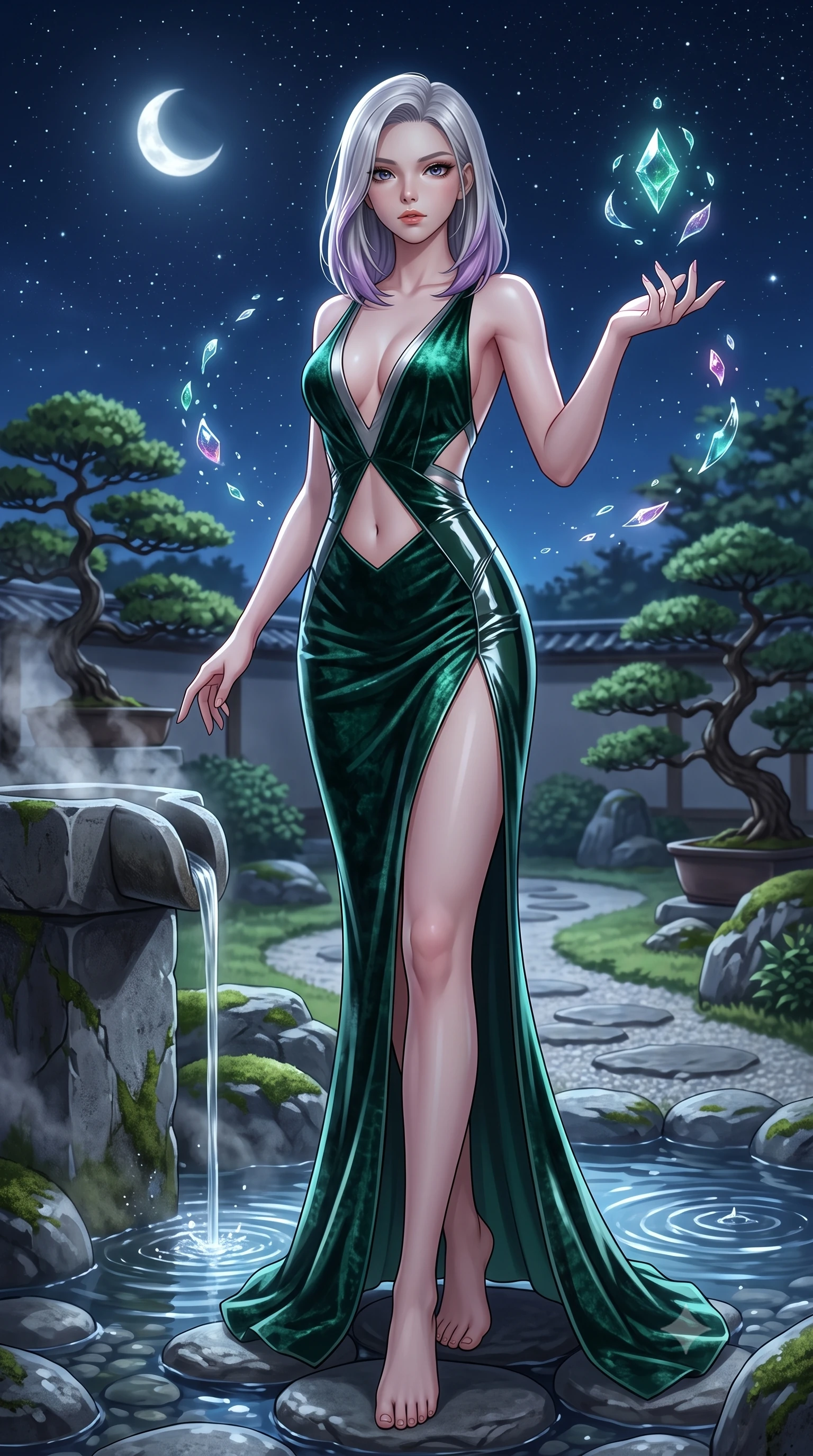 score_9, masterpiece, best quality, ultra-detailed, high-budget anime keyframe, editorial fashion photography, tasteful artistic composition, Caucasian woman. low angle full-body shot from head to toe showing her feet, filling the entire 9:16 vertical frame with her statuesque presence, stretching her vertical silhouette. interacting gracefully with the magical floating elements while maintaining a confident posture standing near a stone water spout with gentle steam rising in a moonlit Japanese garden, water ripples glistening under a clear starry night sky. She has an absolutely perfect, statuesque 8.5-heads proportion, an exceptionally tall and slender model-like female figure with impossibly long slender legs and an ultra-slim waist. sharp v-shaped jawline, high-bridge nose, intricate jewel-like eyes with depth, thick eyelashes, glossy lips with a natural sheen. wearing a backless crushed velvet gown with a deep V-neckline and high thigh slit in deep emerald green and silver accent, tailored from high-gloss patent leather, featuring subtle geometric cutouts that highlight her ultra-slim midriff, the tailored fabric tightly following every curve of her athletic build. surrounded by a tranquil, spa-like aura with soft specular highlights. highly saturated vibrant anime colors, detailed shading with soft gradients, rich glossy textures, high-contrast stereoscopic depth, volumetric dynamic lighting, master piece, 9:16 ratio