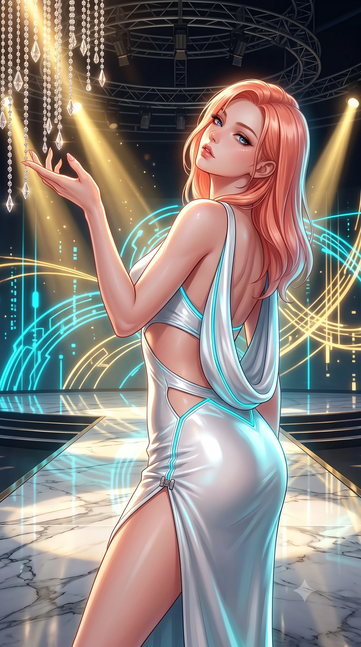 score_9, masterpiece, best quality, ultra-detailed, high-budget anime keyframe, semi-realistic 3D game render, editorial fashion photography, tasteful artistic composition, Japanese woman. close-up cowboy shot from the waist and thighs up, the character dominates the composition, filling the frame with her large presence. tilting her head back with a sensual alluring expression, exposing her throat and shoulders to the camera with heavy lashes and softly parted glossy lips while reaching one arm out theatrically as suspended crystal chandelier beads catch dramatic golden spotlights. The surrounding environment is rendered in vivid detail and crisp panoramic clarity. sharp marble floor reflections, detailed stage rigging, and holographic light glyphs in high resolution. She has an exceptionally elegant, slender, and willowy female figure with an ultra-slim waist, a gracefully sculpted slender torso, and a refined silhouette. sharp v-shaped jawline, high-bridge nose, intricate jewel-like eyes with depth, thick eyelashes, glossy lips with a natural sheen, flawlessly proportioned anatomical accuracy, natural body alignment, perfectly sculpted elegant limbs, clean dynamic posture without body distortion. wearing a precision-fitted liquid jersey bodycon dress with a dramatic draped cowl back that swoops down to her waist in pure snow white latex and glowing cyan circuit seams, made of liquid metal jersey that clings flawlessly to every contour of her build, finished with an ultra-high side slit secured by miniature magnetic clasps, the daring cutouts accentuating her delicate midriff, graceful collarbones, and feminine contour. surrounded by an opulent, dramatic, and intensely seductive high-culture editorial aura. highly saturated vibrant anime colors, detailed shading with soft gradients, rich glossy textures, high-contrast stereoscopic depth, volumetric dynamic lighting, master piece, 9:16 ratio
