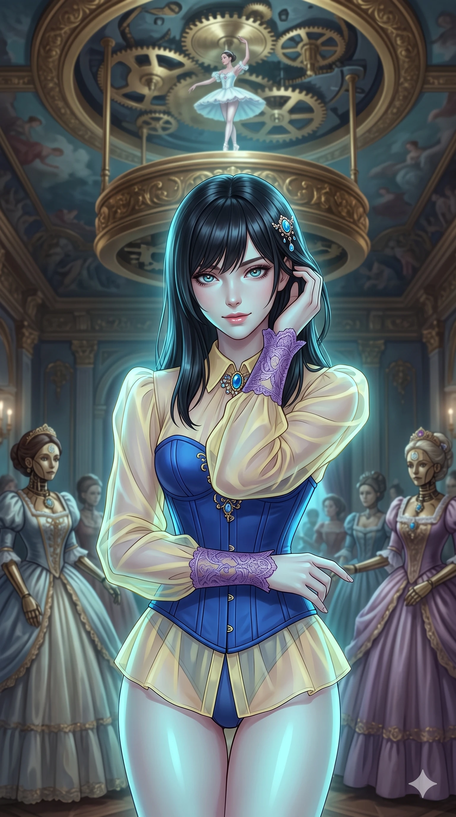 score_9, masterpiece, best quality, ultra-detailed, high-budget anime keyframe, editorial fashion photography, tasteful artistic composition, Caucasian woman, strictly human ears. close-up cowboy shot from the waist and thighs up, the character dominates the composition, filling the frame with her large presence, background elements kept in soft focus. Gently brushing hair from her face with an enigmatic half-smile. set against a soft-focus background of an ornate Victorian ballroom populated by elegant life-sized clockwork automatons in ball gowns with a massive gilded music box mechanism rotating slowly in the frescoed ceiling above. She has an exceptionally elegant and slender, willowy female figure with an ultra-slim waist, a gracefully sculpted slender torso, and a refined slim physique. sharp v-shaped jawline, high-bridge nose, intricate jewel-like eyes with depth, thick eyelashes, glossy lips with a natural sheen. wearing a transparent organza blouse in pastel yellow with purple lace cuffs, layered over a structured cobalt blue corset. soft aqua bioluminescent light making her skin luminously glow against darkness. 2k, ultra detail, master piece, 9:16 ratio