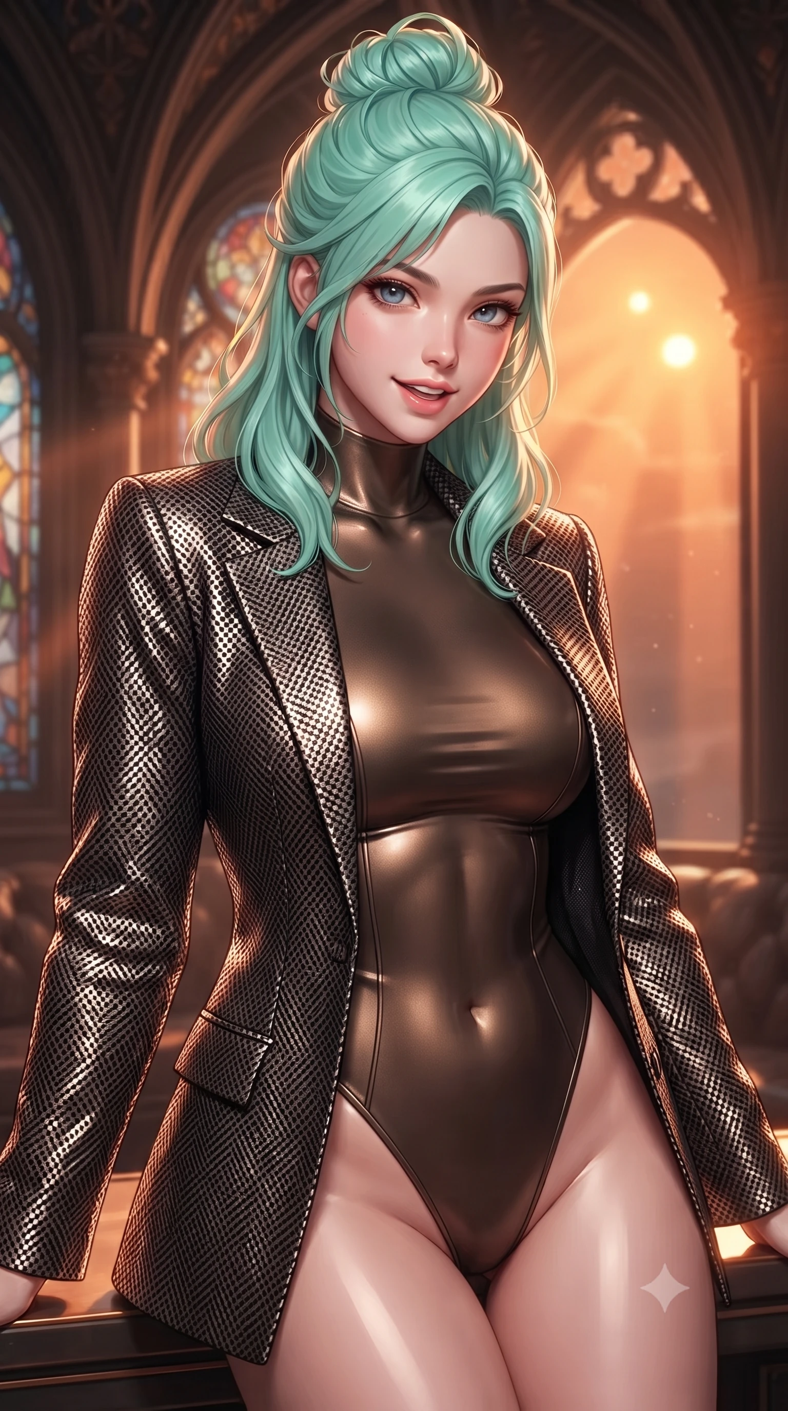 score_9, masterpiece, best quality, ultra-detailed, high-budget anime keyframe, editorial fashion photography, tasteful artistic composition, Japanese woman. close-up cowboy shot from the waist and thighs up, the character dominates the composition, filling the frame with her large presence, background elements kept in soft focus. leaning slightly forward with a playful, teasing smile, her gaze locked onto the viewer with lips parted in a composed pose, the background shows a soft-focus a planetary window seat in a cathedral lounge overlooking a binary sun. She has an exceptionally elegant, slender, and willowy female figure with an ultra-slim waist, a gracefully sculpted slender torso, and a refined silhouette. sharp v-shaped jawline, high-bridge nose, intricate jewel-like eyes with depth, thick eyelashes, glossy lips with a natural sheen. wearing a body-hugging form-fitting high-neck bodysuit in dark bronze, worn under a tailored open carbon-mesh tactical jacket. dramatic orange sunbeams painting the cabin in a warm wash. ultra-reflective glossy finish, specular highlights, metallic sheen, high-contrast stereoscopic depth, volumetric dynamic lighting, 2k, ultra detail, master piece, 9:16 ratio