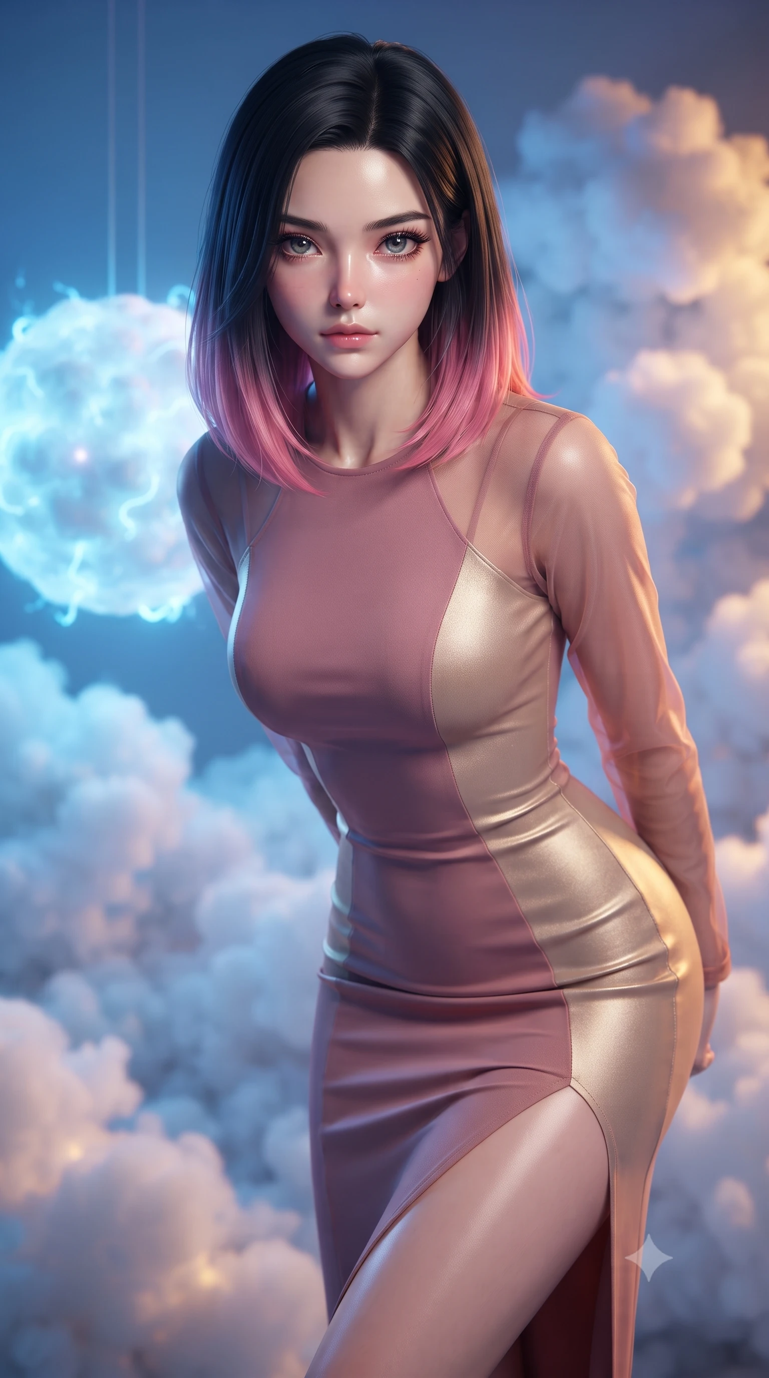 score_9, masterpiece, best quality, ultra-detailed, high-budget anime keyframe, editorial fashion photography, tasteful artistic composition, Korean woman. close-up cowboy shot from the waist and thighs up, the character dominates the composition, filling the frame with her large presence, background elements kept in soft focus. Leaning slightly forward with a composed, seductive gaze under soft glowing light resting near a glowing cloud sphere emitting soft electric blue pulses, volumetric cumulus cloud textures illuminated from within by electric light. She has an exceptionally elegant, slender, and willowy female figure with an ultra-slim waist, a gracefully sculpted slender torso, and a refined silhouette. sharp v-shaped jawline, high-bridge nose, intricate jewel-like eyes with depth, thick eyelashes, glossy lips with a natural sheen. wearing a sleek bodycon knit dress with sheer organza sleeve panels in dusty rose and champagne gold, formed from sleek second-skin neoprene, finished with a sleek side slit ascending to mid-thigh, the sleek second-skin texture accentuating her magnetic presence. bathed in a dual-tone palette of electric blue and warm amber sky rays. highly saturated vibrant anime colors, detailed shading with soft gradients, rich glossy textures, high-contrast stereoscopic depth, volumetric dynamic lighting, master piece, 9:16 ratio