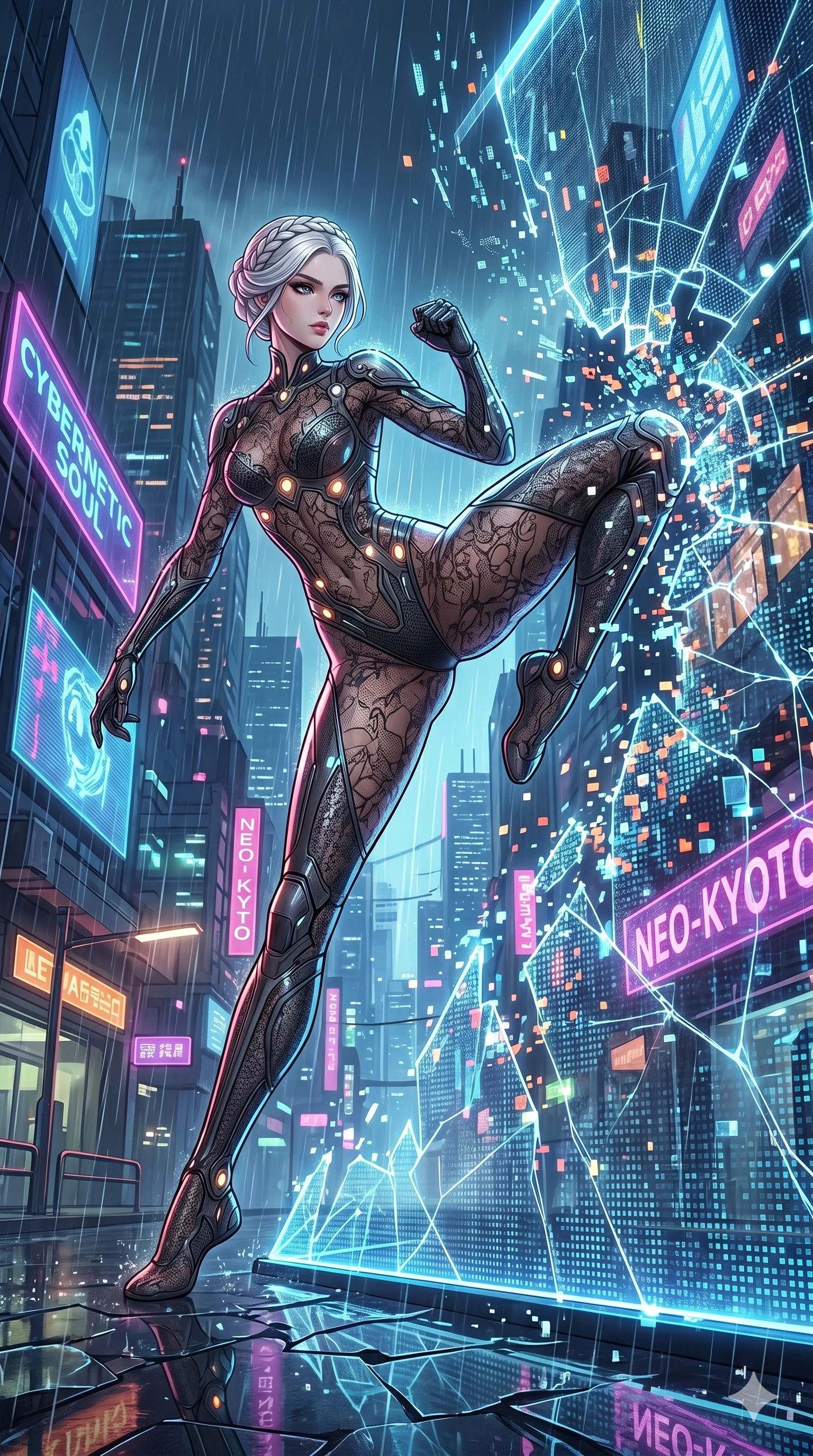 score_9, masterpiece, best quality, ultra-detailed, High-budget Anime Keyframe, vibrant colors, fluid line-art, expressive lighting, cinematic composition, Ufotable-style visual effects, top-tier animation quality, Japanese woman with delicate and elegant anime-inspired features. Low angle cowboy shot filling the entire 9:16 frame with her statuesque presence, looking up to emphasize her height. Kicking through a high-security holographic barrier, the digital mesh shattering into thousands of glowing pixels. She has an absolutely perfect 8-heads proportion, an exceptionally tall and slender female figure with impossibly long slender legs and an ultra-slim waist, her statuesque height and towering silhouette dominating the vertical 9:16 frame. Her face is a masterpiece featuring a sharp v-shaped jawline, high-bridge nose, intricate jewel-like eyes with depth, thick eyelashes, and glossy lips with a natural sheen. She is wearing a Sheer lace catsuit with strategically placed armor plating and glowing energy nodes crafted from Carbon-fiber weave with a high-tech matte finish and integrated glowing filaments, with a dangerous high slit that showcases her impossibly long slender legs. The scene is set in a sprawling cyberpunk metropolis in heavy rain with vibrant neon glows reflecting on every surface, illuminated by cinematic lighting with dramatic rim light that highlights her slender silhouette. 2k, ultra detail, master piece, 9:16 ratio