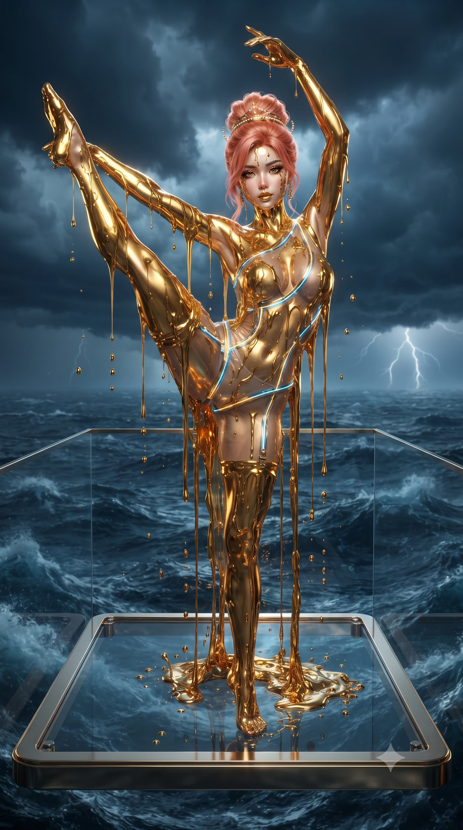 score_9, masterpiece, best quality, ultra-detailed, High-budget Anime Keyframe, editorial fashion photography, tasteful artistic composition, realistic cosplay photography, East Asian woman. Dynamic full-body shot stretching the vertical silhouette to the limit. Scenario 342: standing under a waterfall of liquid gold, the fluid coating her form, in a floating platform suspended over a stormy sea of dark blue water. Her presence is magnetic and overpowering in this high-budget cinematic scene. Outfit 342: a slim-fit sheer organza garter with a low-cut shoulder and glowing LED seams. The clothing is designed to emphasize her exceptionally tall and slender 8-heads proportion. 8-heads proportion, towering silhouette, ultra-slim waist. sharp v-shaped jawline, intricate jewel-like eyes with depth, thick eyelashes, glossy lips. ultra-reflective glossy finish, specular highlights, metallic sheen, high-contrast stereoscopic depth, volumetric dynamic lighting, 2k, ultra detail, master piece, 9:16 ratio