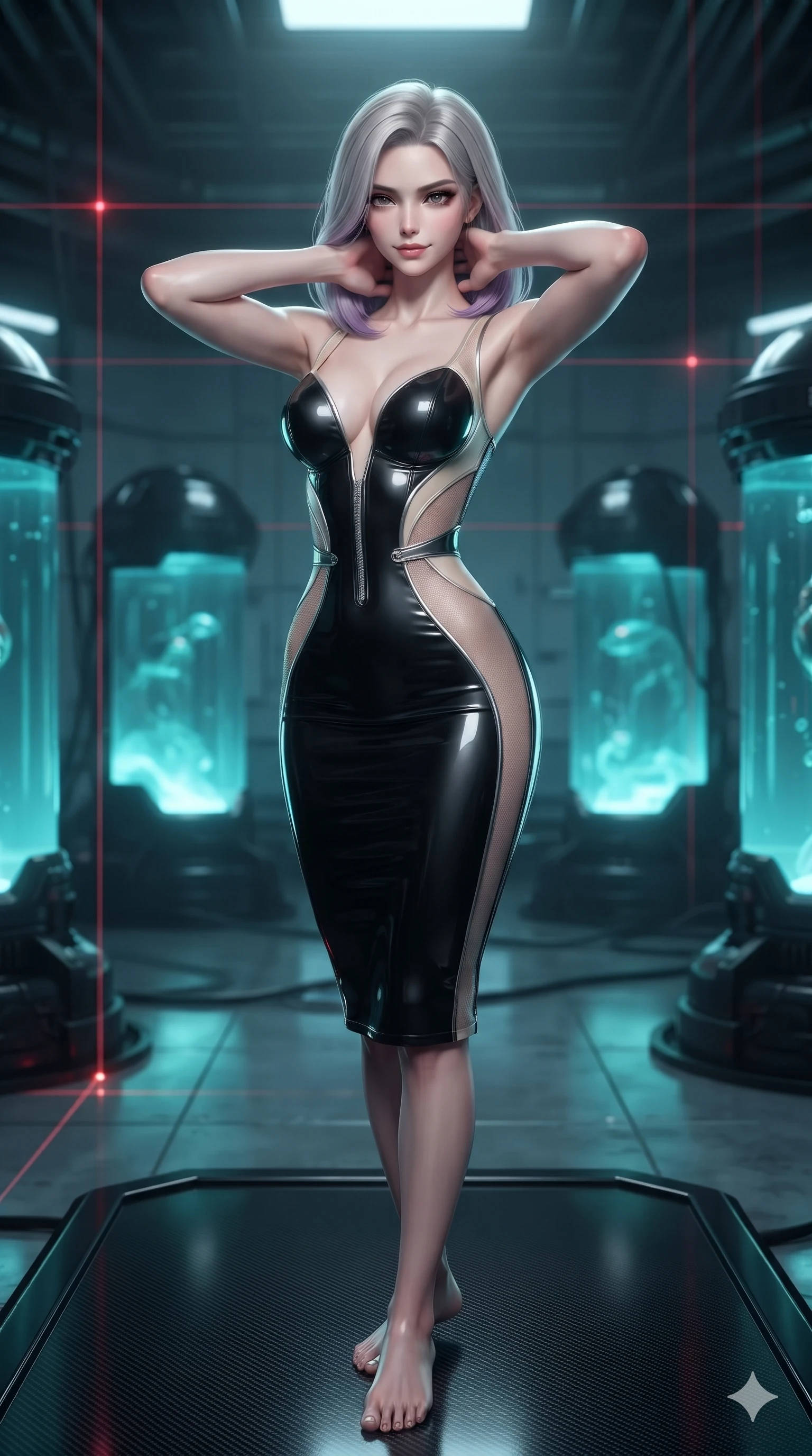 score_9, masterpiece, best quality, ultra-detailed, high-budget anime keyframe, editorial fashion photography, tasteful artistic composition, Caucasian woman. close-up cowboy shot from the waist and thighs up, the character dominates the composition, filling the frame with her large presence. resting both hands lightly behind her neck with elbows raised, arching her spine to highlight her narrow waist and flat midriff while poised on a dark carbon-fiber platform while laser calibration grids scan the room, glowing cyan stasis fluid casting ethereal inner glow through dark glass. The background shows a soft-focus subterranean high-tech laboratory softened in cybernetic sanctuary shallow focus. She has an exceptionally elegant, slender, and willowy female figure with an ultra-slim waist, flat toned midriff, narrow ribcage, and sculpted feminine hips creating an alluring, slim hourglass silhouette without bulk. sharp v-shaped jawline, high-bridge nose, intricate jewel-like dark sparkling eyes with hypnotic seductive depth, thick curled eyelashes, glossy parted lips with a natural wine sheen, alluring bedroom-eyes with an enigmatic smoldering smile, exuding magnetic sovereign charisma and dark avant-garde glamour, flawlessly proportioned anatomical accuracy, strict slender model proportions, natural body alignment, perfectly sculpted long slender limbs, ultra-slim waistline, clean dynamic posture without body distortion. wearing an alluring plunging sweetheart bodice dress with sheer mesh side-waist cutouts contouring her ribs in celestial champagne ivory and high-gloss jet black, made of liquid dark mercury jersey with seamless sculpting hold and fluid drape, finished with metallic silver boning and sleek zipper points, the precision-cut side openings and low-back scoop framing her graceful spine and the sensual sweep of her slim, toned hips. surrounded by a cool cybernetic aura with intense edge lighting and glowing cyan stasis backlights. ultra-reflective glossy finish, specular highlights, metallic sheen, high-contrast stereoscopic depth, volumetric dynamic lighting, 2k, ultra detail, master piece, 9:16 ratio