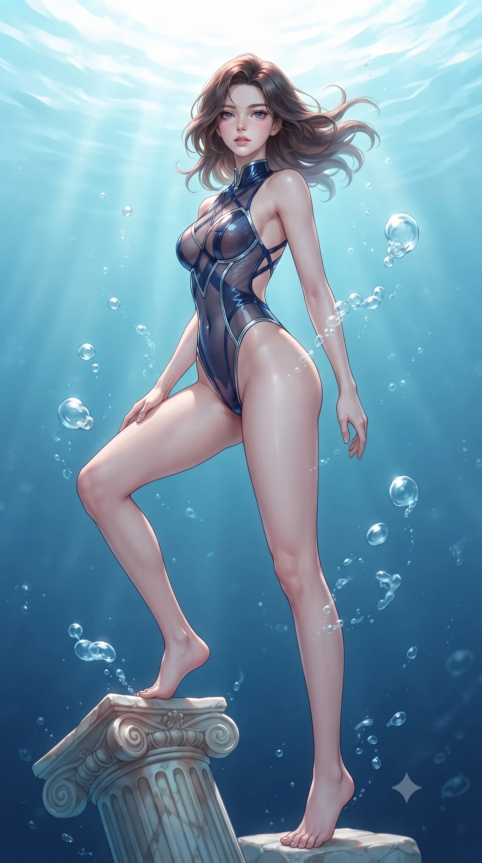 score_9, masterpiece, best quality, ultra-detailed, high-budget anime keyframe, editorial fashion photography, tasteful artistic composition, Korean woman. low angle full-body shot from head to toe showing her feet, filling the entire 9:16 vertical frame with her statuesque presence, stretching her vertical silhouette. stepping forward with proud posture, filling the vertical frame with her magnetic presence resting against an antique marble pillar as gentle sea bubbles rise around her, gentle ocean currents swaying her attire in fluid underwater motions. She has an absolutely perfect, statuesque 8.5-heads proportion, an exceptionally tall and slender model-like female figure with impossibly long slender legs and an ultra-slim waist. sharp v-shaped jawline, high-bridge nose, intricate jewel-like eyes with depth, thick eyelashes, glossy lips with a natural sheen. wearing a high-cut translucent vinyl leotard with front paneling and open back in midnight navy blue and chrome trim, woven from fine semi-opaque sheer organza, complemented by criss-cross back straps highlighting her bare shoulders, the form-contouring material highlighting her ultra-slim waist and long lines. lit by clear sun-drenched sea light with soft ethereal shadows. highly saturated vibrant anime colors, detailed shading with soft gradients, rich glossy textures, high-contrast stereoscopic depth, volumetric dynamic lighting, master piece, 9:16 ratio