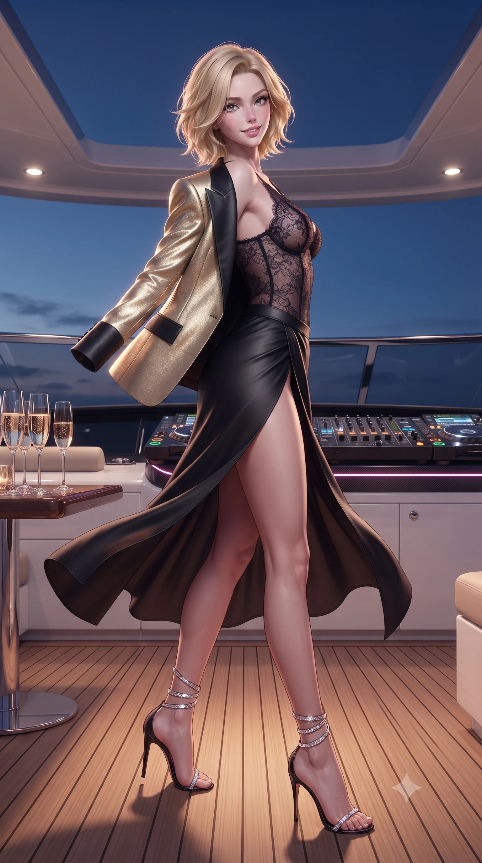 score_9, masterpiece, best quality, ultra-detailed, high-budget anime keyframe, editorial fashion photography, tasteful artistic composition, Caucasian woman. low angle full-body shot from head to toe showing her feet, filling the entire 9:16 vertical frame with her statuesque presence, stretching her vertical silhouette. executing a slow, graceful pivot turn as her skirt sways around her slender legs, glancing back with an enchanting, teasing sensual expression while standing poised on the open bridge deck beside the DJ console, arching her back with high-octane Balearic party queen glamour. The surrounding environment is rendered in vivid detail and crisp panoramic clarity: sharp acrylic windscreen bevels, carbon-fiber bridge console weave, and champagne flute bubble clarity in deep focus. She has an absolutely perfect, statuesque 8.5-heads proportion, an exceptionally tall and slender model-like female figure with impossibly long slender legs, an ultra-slim waist, a flat toned midriff, narrow delicate ribcage, and beautifully sculpted feminine hips creating a graceful, slim hourglass silhouette without any bulky heaviness. sharp v-shaped jawline, high-bridge nose, sparkling eyes with hypnotic seductive depth, thick curled eyelashes, glossy parted lips with a natural dewy peach sheen, alluring bedroom-eyes with an enchanting coquettish smile, exuding magnetic siren charisma and sophisticated glamour, flawlessly proportioned anatomical accuracy, strict slender model proportions, natural body alignment, perfectly sculpted long slender limbs, ultra-slim waistline, clean dynamic posture without body distortion. wearing a delicate sheer French Chantilly lace teddy layered under an open tailored tuxedo blazer draped over bare shoulders in midnight obsidian black and liquid champagne gold, woven from buttery-soft stretch lambskin leather adhering to her body like a second skin, complemented by strappy stiletto sandals with crystal ankle wraps accentuating her slender calves, the high-slit wrap tailoring accentuating her ultra-slim waistline and the enchanting curve of her feminine hips with alluring seductive charm. illuminated by high-gloss deck reflections and sharp magenta-gold rim lights sculpting her jawline, flat midriff, and voluptuous hip curves. ultra-reflective glossy finish, specular highlights, rich textural contrasts, high-contrast stereoscopic depth, volumetric dynamic lighting, 2k, ultra detail, master piece, 9:16 ratio