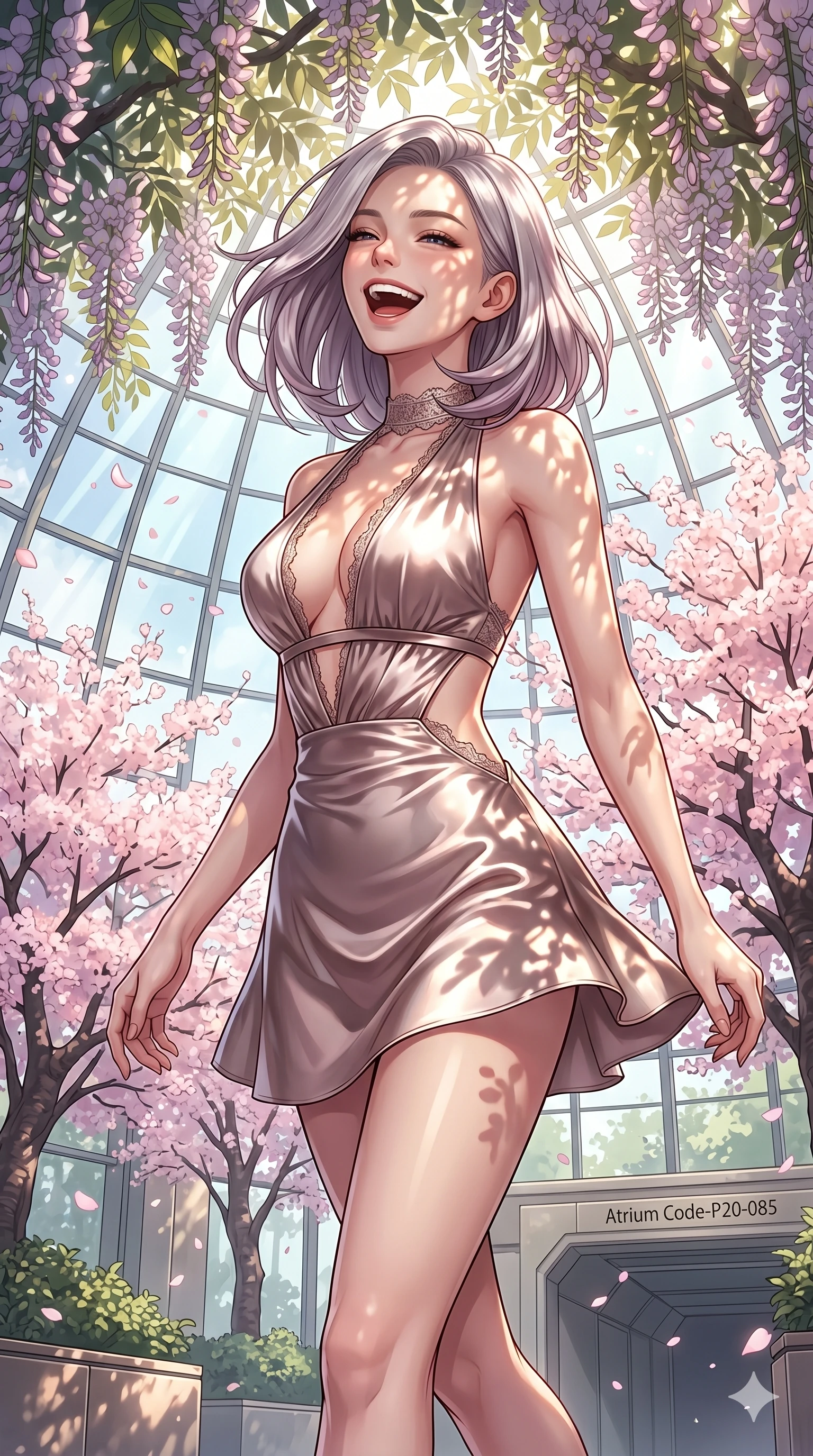 score_9, masterpiece, best quality, ultra-detailed, high-budget anime keyframe, vibrant anime aesthetic, Caucasian woman, strictly human ears. cowboy shot from the thighs up, character and outfit filling the frame for maximum presence. She is tossing her head back with a joyful laugh, her lips curved into a warm smile inside a glass atrium filled with cherry trees (Code-P20-085). She has an absolutely perfect 8-heads proportion, an exceptionally tall and slender female figure with impossibly long slender legs and an ultra-slim waist. V-shaped jawline, high-bridge nose, intricate jewel-like eyes with depth, thick eyelashes, glossy lips with a natural sheen. wearing a plunging neckline mini dress with side cutouts in satin. She is bathed in dappled sunlight filtering through wisteria leaves, creating organic shadows. 2k, ultra detail, master piece, 9:16 ratio