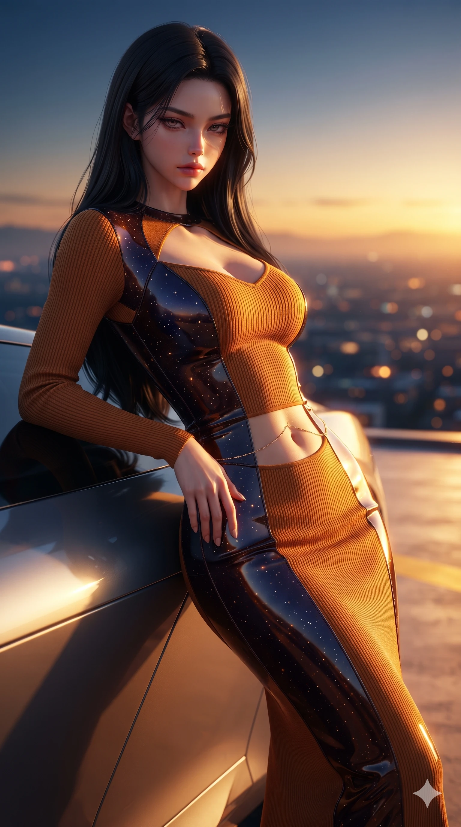 score_9, masterpiece, best quality, ultra-detailed, high-budget anime keyframe, editorial fashion photography, tasteful artistic composition, Korean woman. close-up cowboy shot from the waist and thighs up, the character dominates the composition, filling the frame with her large presence. arching her spine backward with effortless dancer poise, one hand sliding along her hip line as directional light carves specular highlights along her silhouette while leaning against the aerodynamic helipad wind barrier with hips cocked back, gazing through the blazing golden hour sky with heavy-lidded seductive bedroom-eyes. The background shows a soft-focus high-altitude sunset haze softened in rooftop helipad vista shallow focus. She has an exceptionally elegant, slender, and willowy female figure with an ultra-slim waist, flat toned midriff, narrow ribcage, and sculpted feminine hips creating an alluring, slim hourglass silhouette without bulk. sharp v-shaped jawline, high-bridge nose, intricate jewel-like sparkling eyes with depth, thick eyelashes, glossy parted lips with a natural sheen, intensely captivating and seductive bedroom-eyes expression, exuding both youthful cute charm and sovereign luxury allure, flawlessly proportioned anatomical accuracy, strict slender model proportions, natural body alignment, perfectly sculpted long slender limbs, ultra-slim waistline, clean dynamic posture without body distortion. wearing an ultra-sleek form-fitting ribbed silk-knit midi dress with elegant collar cutouts contouring her feminine hourglass silhouette in cosmic eclipse amber and starlight diamond, tailored from high-gloss patent leather with mirror-like specular highlights, accented with a dainty gold belly chain resting across her flat midriff and curving hips, the impeccably tailored cut draping gracefully along her slender figure with aristocratic poise. illuminated by deck surface bounce and intense golden-crimson rim lights sculpting her razor-sharp jawline, narrow waist, and curvy hips. ultra-reflective glossy finish, specular highlights, rich textural contrasts, high-contrast stereoscopic depth, volumetric dynamic lighting, 2k, ultra detail, master piece, 9:16 ratio