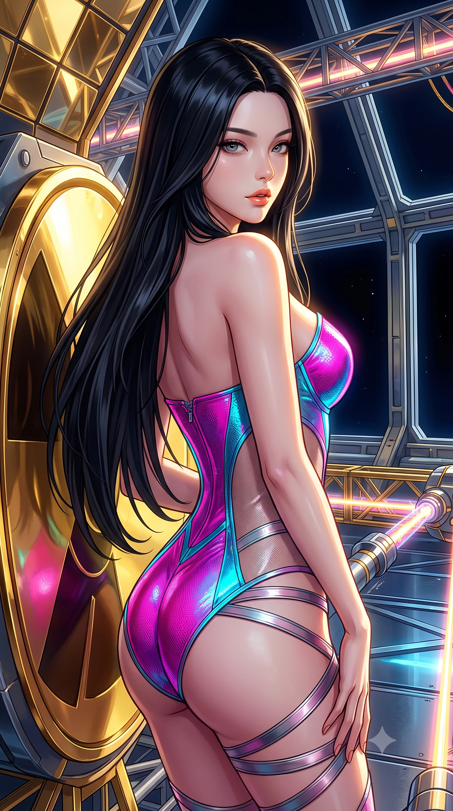 score_9, masterpiece, best quality, ultra-detailed, high-budget anime keyframe, semi-realistic 3D game render, editorial fashion photography, tasteful artistic composition, Korean woman. close-up cowboy shot from the waist and thighs up, the character dominates the composition, filling the frame with her large presence. posing in an alluring rear three-quarter angle, looking over a bare shoulder with parted glossy lips, her hips cocked back to highlight her slim hourglass curve while leaning against the gold-plated radiation shield with hips cocked back, looking through laser-pumped plasma conduits into the pitch-black void with smoldering bedroom-eyes. The surrounding environment is rendered in vivid detail and crisp panoramic clarity: sharp gold-leaf mirror facets, crystalline optical laser lenses, and heavy structural titanium trusswork in deep focus. She has an exceptionally elegant, slender, and willowy female figure with an ultra-slim waist, flat toned midriff, narrow ribcage, and sculpted feminine hips creating an alluring, slim hourglass silhouette without bulk. sharp v-shaped jawline, high-bridge nose, intricate jewel-like sparkling eyes with depth, thick eyelashes, glossy parted lips with a natural peach sheen, bright cheerful beaming smile with an enchanting and coquettish sensual glint, exuding both youthful cute charm and seductive allure, flawlessly proportioned anatomical accuracy, strict slender model proportions, natural body alignment, perfectly sculpted long slender limbs, ultra-slim waistline, clean dynamic posture without body distortion. wearing an alluring plunging sweetheart tactical bodice with sheer mesh side-waist cutouts contouring her ribs in Shinjuku acid-rain magenta and cyan neon, crafted from stretch micro-mesh with liquid foil coating that shimmers with every movement, complemented by strappy stiletto sandals with metallic ankle wraps accentuating her slender calves, the liquid-tight tailored fabric clinging flawlessly to her narrow waist and rounded feminine hips, emphasizing every millimeter of her sculpted slim hourglass curves without any bulky heaviness. illuminated by gold mirror reflection bounce and sharp solar-gold rim lights sculpting her jawline, narrow waist, and curvy hips. highly saturated vibrant anime colors, detailed shading with soft gradients, rich glossy textures, high-contrast stereoscopic depth, volumetric dynamic lighting, master piece, 9:16 ratio