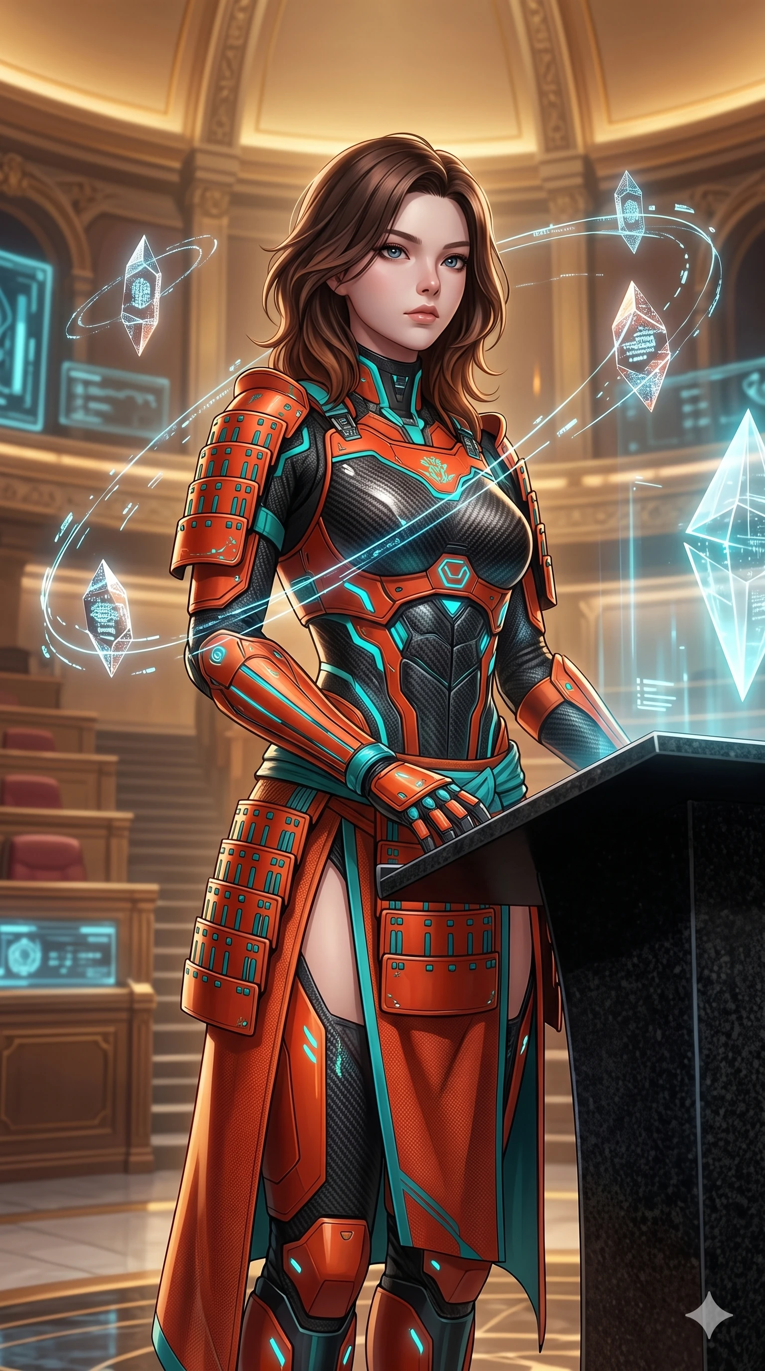 score_9, masterpiece, best quality, ultra-detailed, high-budget anime keyframe, semi-realistic 3D game render, editorial fashion photography, tasteful artistic composition, Korean woman. close-up cowboy shot from the waist and thighs up, the character dominates the composition, filling the frame with her large presence. leaning forward over the holographic console while arching her lower back to accentuate her curvy hips, looking into the camera with an intoxicating smoldering bedroom-gaze while standing poised at the black granite speaker podium, arching her lower back with sovereign supermodel grace as levitating cryptographic data crystals rotate in complex orbital paths. The surrounding environment is rendered in vivid detail and crisp panoramic clarity: intricate high-collar pilot suit tailoring, structured shoulder lines, and imperial senate architecture in razor-sharp clarity. She has an exceptionally elegant, slender, and willowy female figure with an ultra-slim waist, flat toned midriff, narrow ribcage, and sculpted feminine hips creating an alluring, slim hourglass silhouette without bulk. sharp v-shaped jawline, high-bridge nose, intricate jewel-like sparkling eyes with depth, thick eyelashes, glossy parted lips with a natural sheen, bright confident smile with an enchanting and coquettish sensual glint, exuding both youthful magnetic charm and sovereign high-tech allure, flawlessly proportioned anatomical accuracy, strict slender model proportions, natural body alignment, perfectly sculpted long slender limbs, ultra-slim waistline, clean dynamic posture without body distortion. wearing a cyber-samurai tactical suit featuring a shortened carbon chestplate and high-slit armored wrap skirt in cyber-shinto vermilion and laser turquoise, crafted from lightweight aerodynamic matte carbon-fiber weave with structural stiffness, complemented by strappy stiletto combat boots with metallic ankle wraps accentuating her slender calves, the bespoke structured tailoring following the natural line of her 8.5-heads silhouette with refined elegance. bathed in the prestigious warm 2800K glow of recessed golden cove lighting mixed with crisp cold white crystal data projections. highly saturated vibrant anime colors, detailed shading with soft gradients, rich glossy textures, high-contrast stereoscopic depth, volumetric dynamic lighting, master piece, 9:16 ratio