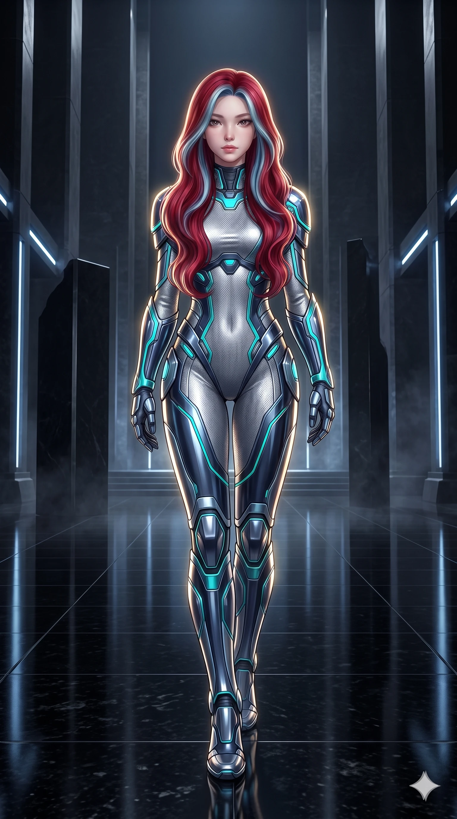 score_9, masterpiece, best quality, ultra-detailed, high-budget anime keyframe, semi-realistic 3D game render, editorial fashion photography, tasteful artistic composition, Caucasian woman. low angle full-body shot from head to toe showing her feet, filling the entire 9:16 vertical frame with her statuesque presence, stretching her vertical silhouette. stepping slowly toward the camera with hypnotic grace, hips swaying in an alluring sensual rhythm that accentuates her curvy hourglass silhouette and long slender legs while sitting poised in the high-backed diplomatic throne propped on one elbow with legs crossed, flashing an enchanting, confident smile. The background shows a soft-focus soaring minimalist black stone monoliths and recessed lighting strips softened in prestigious sci-fi senate shallow focus. She has an absolutely perfect, statuesque 8.5-heads proportion, an exceptionally tall and slender model-like female figure with impossibly long slender legs, an ultra-slim waist, a flat toned midriff, narrow delicate ribcage, and beautifully sculpted feminine hips creating a graceful, slim hourglass silhouette without any bulky heaviness. sharp v-shaped jawline, high-bridge nose, intricate jewel-like sparkling eyes with depth, thick eyelashes, glossy parted lips with a natural sheen, bright confident smile with an enchanting and coquettish sensual glint, exuding both youthful magnetic charm and sovereign high-tech allure, flawlessly proportioned anatomical accuracy, strict slender model proportions, natural body alignment, perfectly sculpted long slender limbs, ultra-slim waistline, clean dynamic posture without body distortion. wearing a form-contouring delicate silver nano-mesh bodysuit with strategically placed chrome armor plate guards covering key curves in deep space navy and laser turquoise, featuring strategic sheer-illusion tulle side panels framing her ribcage and hips, featuring fine criss-cross lace-up side ties revealing tantalizing glimpses of her hip curve, the impeccably tailored cut draping gracefully along her slender figure with aristocratic poise. illuminated by black granite floor reflections and sharp gold-platinum rim lights carving her sculpted collarbones, ultra-slim waist, and curvy hips. highly saturated vibrant anime colors, detailed shading with soft gradients, rich glossy textures, high-contrast stereoscopic depth, volumetric dynamic lighting, master piece, 9:16 ratio
