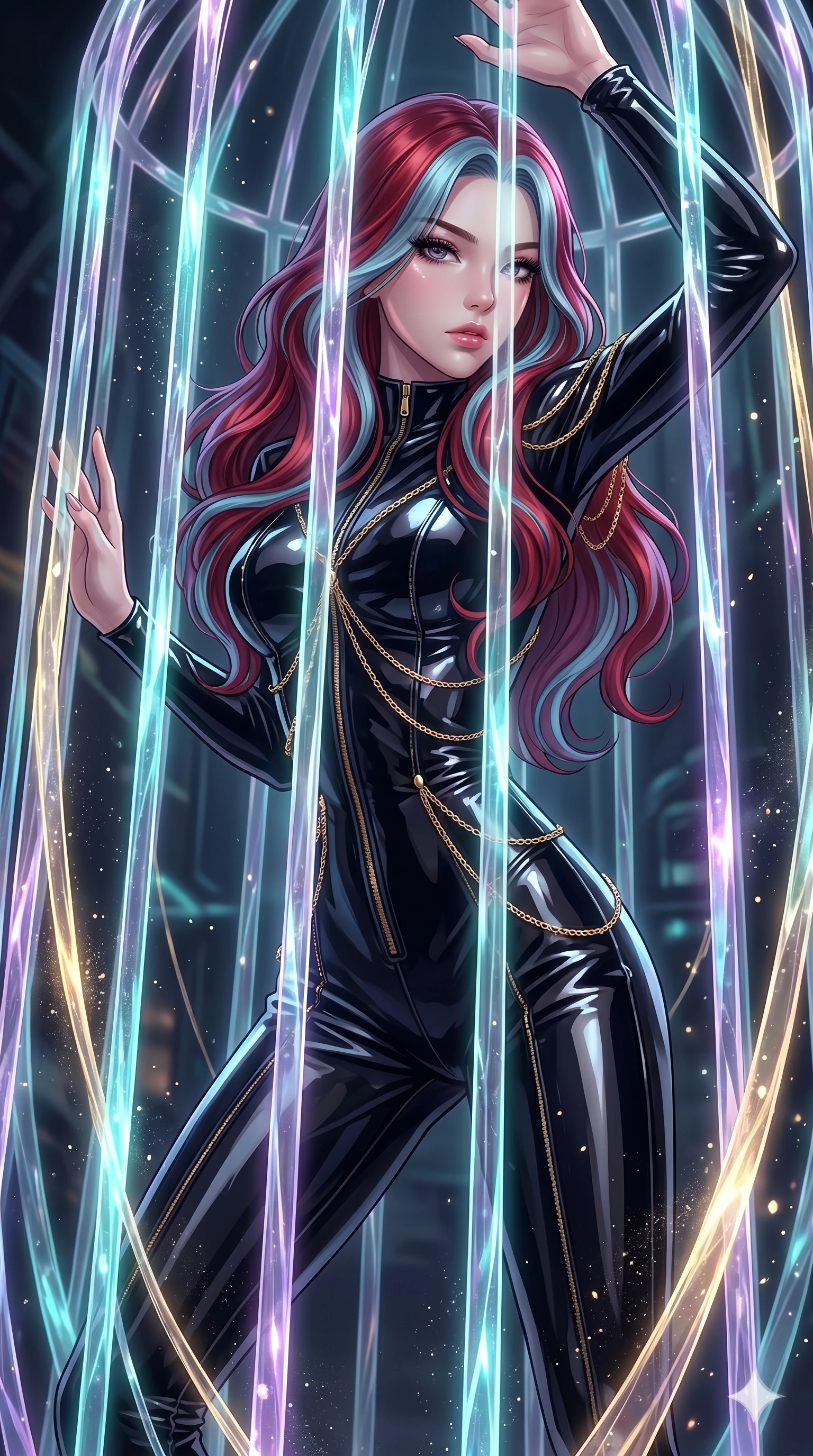 score_9, masterpiece, best quality, ultra-detailed, High-budget Anime Keyframe, East Asian woman. Dynamic full-body shot stretching the vertical silhouette to the limit. Scenario 262: Trapped in a cage of glowing crystalline fibers, body pressing against the bars. Her presence is magnetic and overpowering in this high-budget anime scene. Outfit 262: A patent leather second with a unzipped detail and fine gold chains. The clothing is designed to emphasize her exceptionally tall and slender 8-heads proportion. 8-heads proportion, towering silhouette, ultra-slim waist. sharp v-shaped jawline, intricate jewel-like eyes with depth, thick eyelashes, glossy lips. 2k, ultra detail, master piece, 9:16 ratio