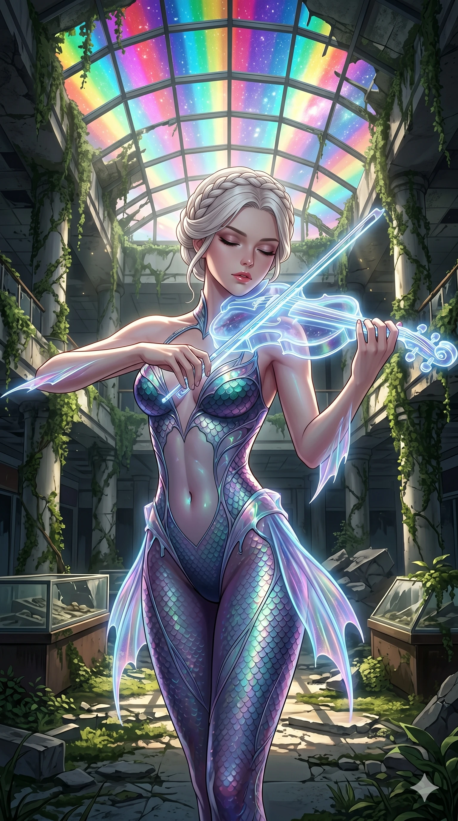 score_9, masterpiece, best quality, ultra-detailed, Set A: High-budget Anime Keyframe, Korean woman. Upper body close-up from the thighs up, character filling the screen for maximum presence. Theme: Historical Remix. playing a holographic violin in a ruined overgrown shopping mall, with a look of serene power as the sky splits into 38 colors. The atmosphere is filled with cinematic sunlight through leaves. She has an absolutely perfect 8-heads proportion, an exceptionally tall and slender female figure with impossibly long slender legs and an ultra-slim waist. Sharp v-shaped jawline, high-bridge nose, intricate jewel-like eyes with depth, glossy lips. Wearing Deep-sea siren bodysuit with iridescent scales and glowing translucent fins. Cinematic lighting, vivid colors, dramatic shadows, 2k, ultra detail, master piece, 9:16 ratio