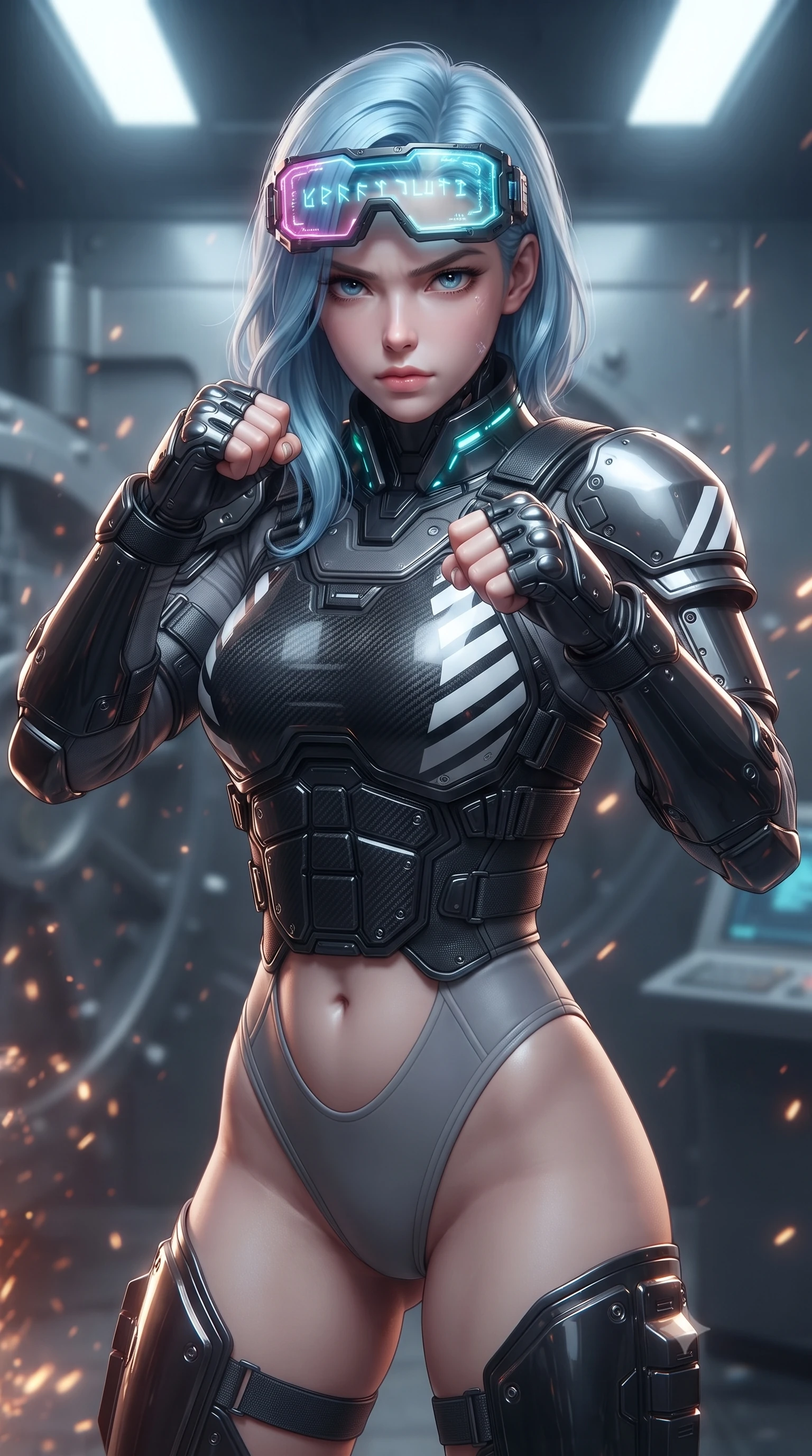 score_9, masterpiece, best quality, ultra-detailed, high-budget anime keyframe, editorial fashion photography, tasteful artistic composition, Korean woman. close-up cowboy shot from the waist and thighs up, the character dominates the composition, filling the frame with her large presence. in a razor-sharp Panzer Kunst fighting guard with raised fists, captivating jewel-like eyes locked onto the viewer with fierce, resolute determination while standing tall under blinking emergency floodlights as the bunker security systems spark and collapse in defeat. The composition keeps background elements in soft focus with creamy bokeh. heavy vault door mechanisms and security terminal consoles softened in moody atmospheric depth. She has an exceptionally elegant, slender, and willowy female figure with an ultra-slim waist, a gracefully sculpted slender torso, toned flat midriff, and a refined slim silhouette. sharp v-shaped jawline, high-bridge nose, intricate jewel-like eyes with depth, thick eyelashes, glossy lips with a natural sheen, fierce and resolute heroine expression, flawlessly proportioned anatomical accuracy, strict slender model proportions, natural body alignment, perfectly sculpted long slender limbs, ultra-slim waistline, clean dynamic posture without body distortion. wearing high-tech holographic tactical goggles resting tipped up on her forehead, casting glowing neon runes across her brow without obscuring her features, paired with a heavy modular carbon-fiber combat cuirass paired with a second-skin tactical leotard and reinforced titanium shoulder pauldrons in storm-grey carbon mesh with high-contrast white hazard stripes, formed from high-gloss patent carbon-plating with specular dystopian chiaroscuro reflections, featuring a sleek aerodynamic collar framed by subtle glowing cybernetic status LEDs, the precision-cut daring openings accentuating her delicate midriff, graceful bare collarbones, and ultra-slim feminine waistline. illuminated by sharp specular highlights tracing her ultra-slim waist, long legs, and sculpted armor plates. ultra-reflective glossy finish, specular highlights, dark metallic sheen, high-contrast stereoscopic depth, volumetric dynamic lighting, 2k, ultra detail, master piece, 9:16 ratio