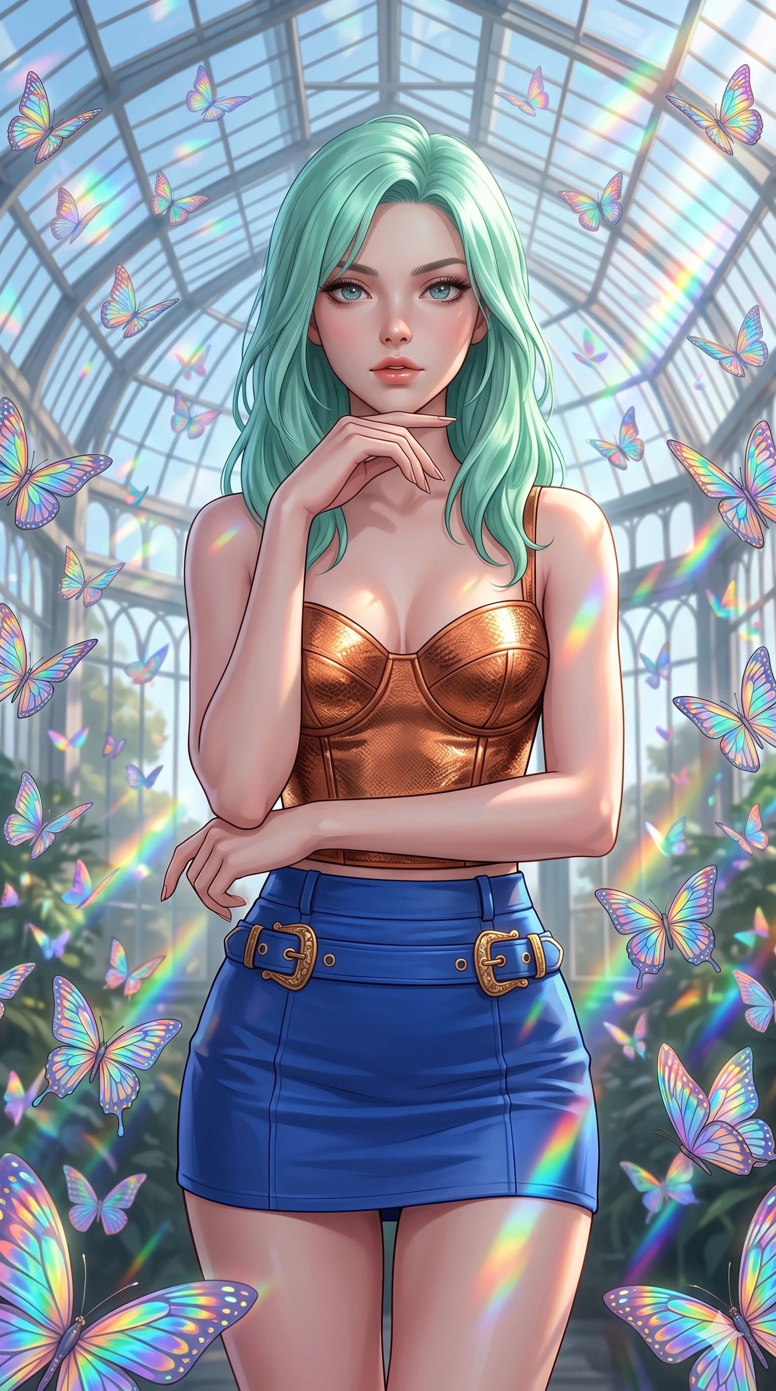 score_9, masterpiece, best quality, ultra-detailed, high-budget anime keyframe, editorial fashion photography, tasteful artistic composition, Japanese woman. close-up cowboy shot from the waist and thighs up, the character dominates the composition, filling the frame with her large presence, background elements kept in soft focus. Resting her chin on the backs of her fingers in a confident pose. set against a soft-focus background of a soaring glass conservatory filled with thousands of holographic butterflies made of pure structured light their wings projecting miniature rainbow patterns as they flutter in organized swarms. She has an exceptionally elegant and slender, willowy female figure with an ultra-slim waist, a gracefully sculpted slender torso, and a refined slim physique. sharp v-shaped jawline, high-bridge nose, intricate jewel-like eyes with depth, thick eyelashes, glossy lips with a natural sheen. wearing a fitted bustier top in metallic copper, paired with a matching high-waisted micro skirt in cobalt blue and gold buckles. natural daylight flooding through the glass roof amplified by the holographic butterflies into cascading miniature rainbows that paint everything in shifting spectral color. 2k, ultra detail, master piece, 9:16 ratio