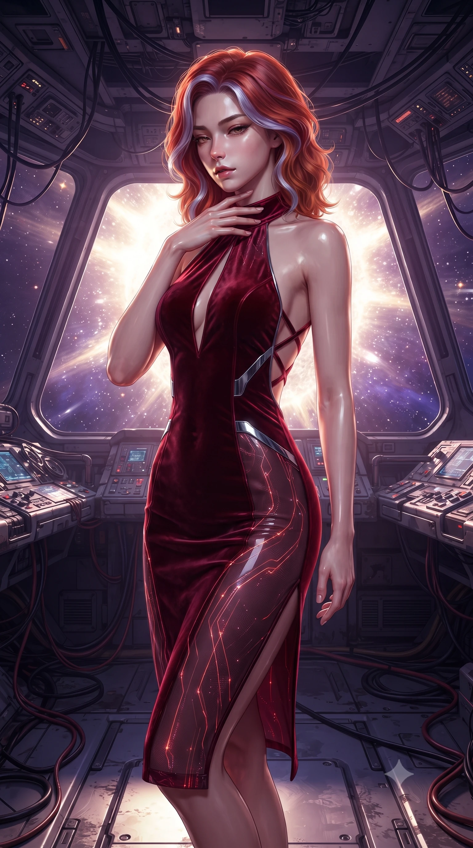 score_9, masterpiece, best quality, ultra-detailed, high-budget anime keyframe, editorial fashion photography, tasteful artistic composition, Caucasian woman. close-up cowboy shot from the waist and thighs up, the character dominates the composition, filling the frame with her large presence. resting her fingers lightly against her throat while looking down with a smoldering, haughty yet intensely captivating glance while floating weightlessly in the center of an abandoned starship bridge as a dazzling supernova explodes outside. The surrounding environment is rendered in vivid detail and crisp panoramic clarity. epic deep space scale and advanced starship architectural details rendered with environmental sharpness. She has an exceptionally elegant, slender, and willowy female figure with an ultra-slim waist, a gracefully sculpted slender torso, and a refined silhouette. sharp v-shaped jawline, high-bridge nose, intricate jewel-like eyes with depth, thick eyelashes, glossy lips with a natural sheen, flawlessly proportioned anatomical accuracy, natural body alignment, perfectly sculpted elegant limbs, clean dynamic posture without body distortion. wearing a velvet halter-neck midi dress fitting her statuesque contour flawlessly with a Tasteful chest slit and open spine in deep ruby red and polished chrome accents, tailored from semi-translucent cybernetic vinyl with glowing micro-filaments, complemented by criss-cross back straps highlighting her completely bare spine, the glove-like fit tightly following every curve of her statuesque athletic build. bathed in blinding white and gold supernova celestial radiance with deep cosmic purple shadows. ultra-reflective glossy finish, specular highlights, metallic sheen, high-contrast stereoscopic depth, volumetric dynamic lighting, 2k, ultra detail, master piece, 9:16 ratio