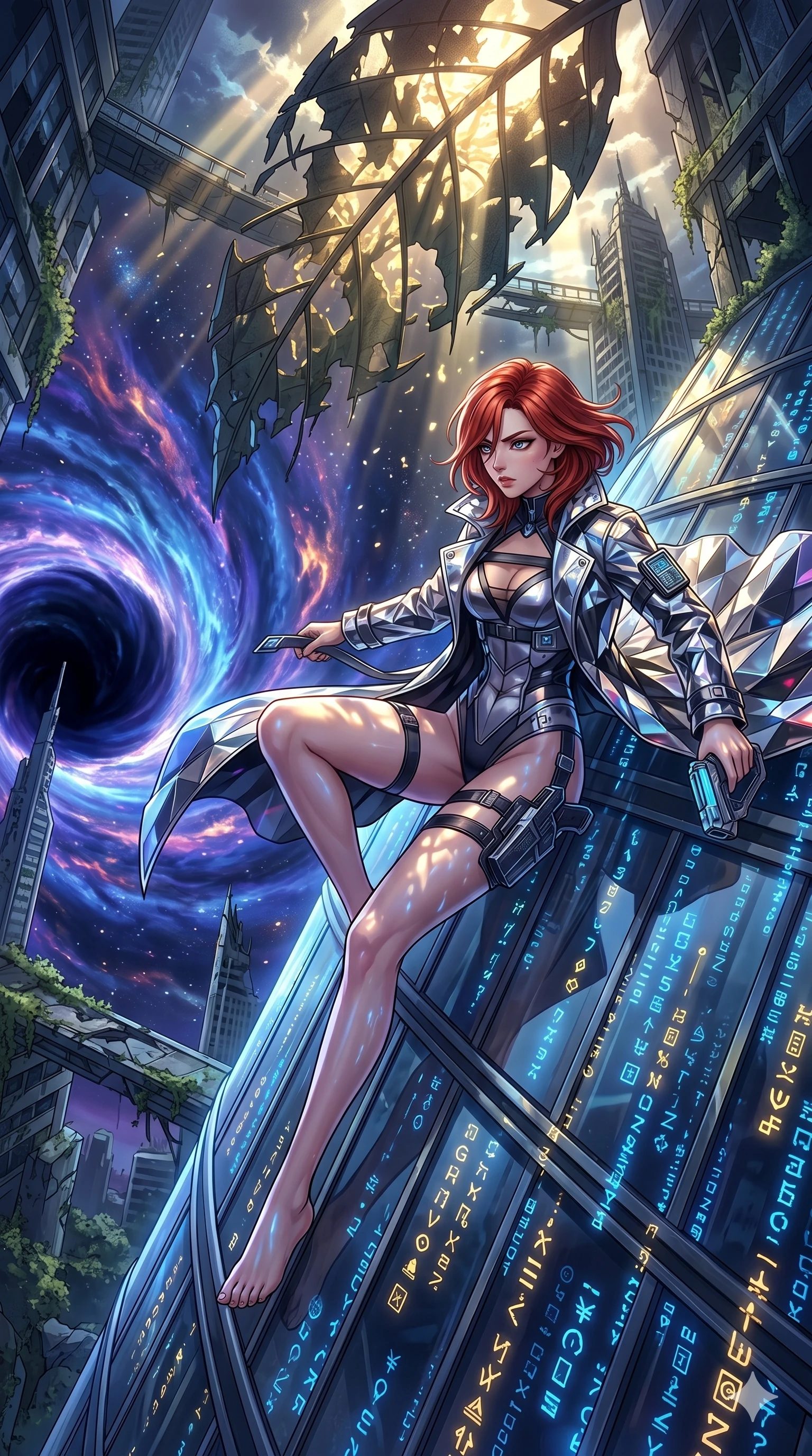 score_9, masterpiece, best quality, ultra-detailed, Set A: High-budget Anime Keyframe, Korean woman. Upper body close-up from the thighs up, character filling the screen for maximum presence. Theme: Urban Decay. sliding down a glass skyscraper in the edge of a black hole, as a digital rain of 277 symbols washes over her. The atmosphere is filled with cinematic sunlight through leaves. She has an absolutely perfect 8-heads proportion, an exceptionally tall and slender female figure with impossibly long slender legs and an ultra-slim waist. Sharp v-shaped jawline, high-bridge nose, intricate jewel-like eyes with depth, glossy lips. Wearing Tech-noir detective trench coat in reflective silver over a strappy bodysuit. Cinematic lighting, vivid colors, dramatic shadows, 2k, ultra detail, master piece, 9:16 ratio