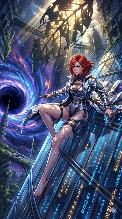 score_9, masterpiece, best quality, ultra-detailed, Set A: High-budget Anime Keyframe, Korean woman. Upper body close-up from the thighs up, character filling the screen for maximum presence. Theme: Urban Decay. sliding down a glass skyscraper in the