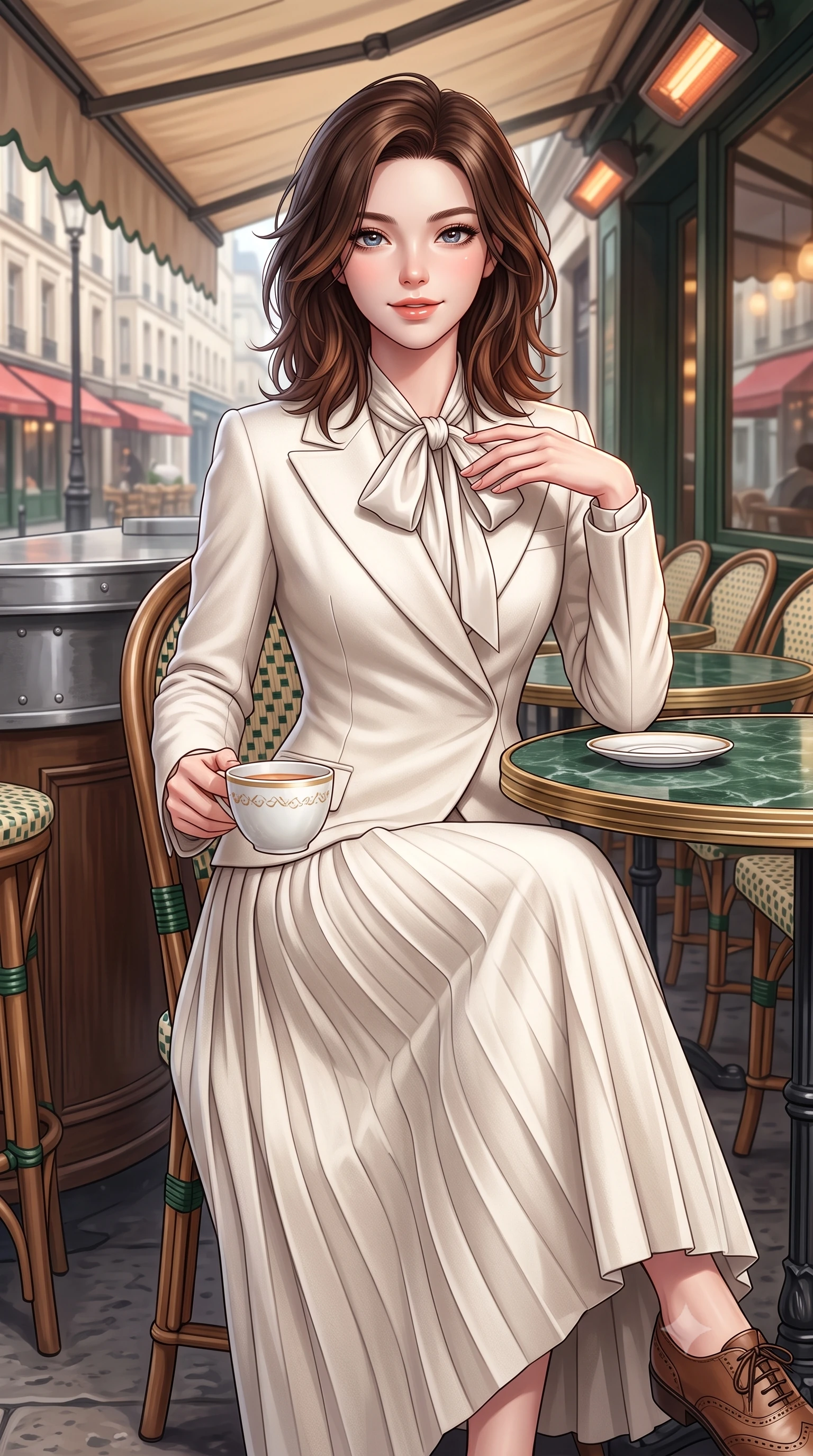 score_9, masterpiece, best quality, ultra-detailed, high-budget anime keyframe, semi-realistic 3D game render, editorial fashion photography, tasteful artistic composition, Korean woman. close-up cowboy shot from the waist and thighs up, the character dominates the composition, filling the frame with her large presence. resting one hand gracefully on her tailored blazer lapel while looking into the camera with bright, sparkling eyes while sitting poised at a round green marble bistrot table beneath the heated cafe awning, cradling a porcelain cup with a radiant French smile. The surrounding environment is rendered in vivid detail and crisp panoramic clarity: detailed silk pussy-bow blouse drape, tailored A-line wool skirt pleats, and authentic Parisian street furniture in high resolution. She has an exceptionally elegant, slender, and willowy female figure with an ultra-slim waist, flat toned midriff, narrow ribcage, and sculpted feminine hips creating an alluring, slim hourglass silhouette without bulk. sharp v-shaped jawline, high-bridge nose, intricate jewel-like sparkling eyes with depth, thick eyelashes, glossy parted lips with a natural peach sheen, bright cheerful beaming smile with an enchanting and coquettish sensual glint, exuding both youthful cute charm and seductive allure, flawlessly proportioned anatomical accuracy, strict slender model proportions, natural body alignment, perfectly sculpted long slender limbs, ultra-slim waistline, clean dynamic posture without body distortion. wearing an asymmetrical-wrap tailored wool jacket with clean geometric lines paired with a structured pleated maxi skirt in Swiss alpine snow white and oat cashmere, crafted from ultra-soft Mongolian cashmere with exquisite insulating warmth and tactile softness, complemented by classic polished leather oxfords with brogue perforations, the expertly draped wool fabric falling in crisp fluid lines along her tall 8.5-heads silhouette, celebrating her slender frame without excess fabric bulk. illuminated by zinc counter and marble tabletop bounce with delicate platinum rim lights sculpting her features and slender waist. highly saturated vibrant anime colors, detailed shading with soft gradients, rich glossy textures, high-contrast stereoscopic depth, volumetric dynamic lighting, master piece, 9:16 ratio