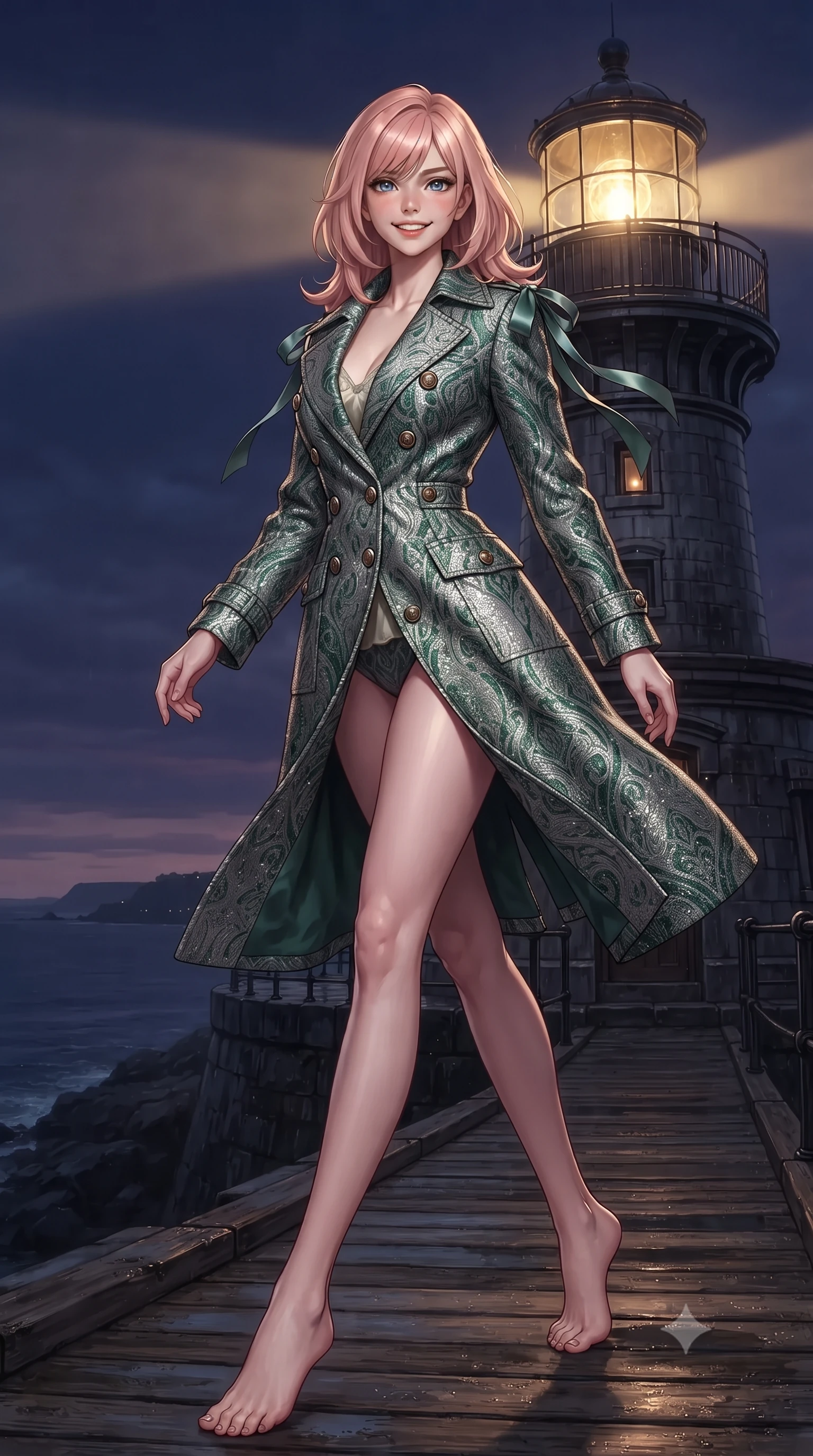 score_9, masterpiece, best quality, ultra-detailed, high-budget anime keyframe, editorial fashion photography, tasteful artistic composition, Japanese woman. low angle full-body shot from head to toe showing her feet, filling the entire 9:16 vertical frame with her statuesque presence, stretching her vertical silhouette. stepping forward in a confident stride, her long slender legs and curvaceous hips creating a dynamic, sweeping vertical line while twisting her slender torso in an alluring contrapposto stance, sweeping beams of the lighthouse lantern casting dramatic golden flashes across her flat midriff and hips. The surrounding environment is rendered in vivid detail and crisp panoramic clarity: detailed outfit silhouette, wet cling or bodycon lines, and monumental maritime engineering in high resolution. She has an exceptionally tall and slender model-like 8.5-heads proportion, an ultra-slim waist, a flat toned midriff, narrow delicate ribcage, and beautifully sculpted feminine hips creating a graceful, slim hourglass silhouette without any bulky heaviness, with impossibly long slender legs. sharp v-shaped jawline, high-bridge nose, intricate jewel-like sparkling eyes with depth, thick eyelashes, glossy parted lips with a natural peach sheen, bright cheerful beaming smile with an enchanting and coquettish sensual glint, exuding both youthful cute charm and seductive allure, flawlessly proportioned anatomical accuracy, strict slender model proportions, natural body alignment, perfectly sculpted long slender limbs, ultra-slim waistline, clean dynamic posture without body distortion. wearing a structured Tulum raw silk safari trench coat with horn buttons and storm flaps in Art Nouveau malachite green and antique starlight silver, woven from structured British tweed with subtle metallic flecks, finished with satin ribbon ties at the shoulders fluttering in the gentle breeze, the impeccably tailored cut draping gracefully along her slender figure with aristocratic poise. bathed in the powerful rotating 3200K golden beam of the lighthouse lens contrasted with deep navy ocean twilight. ultra-reflective glossy finish, specular highlights, rich textural contrasts, high-contrast stereoscopic depth, volumetric dynamic lighting, 2k, ultra detail, master piece, 9:16 ratio