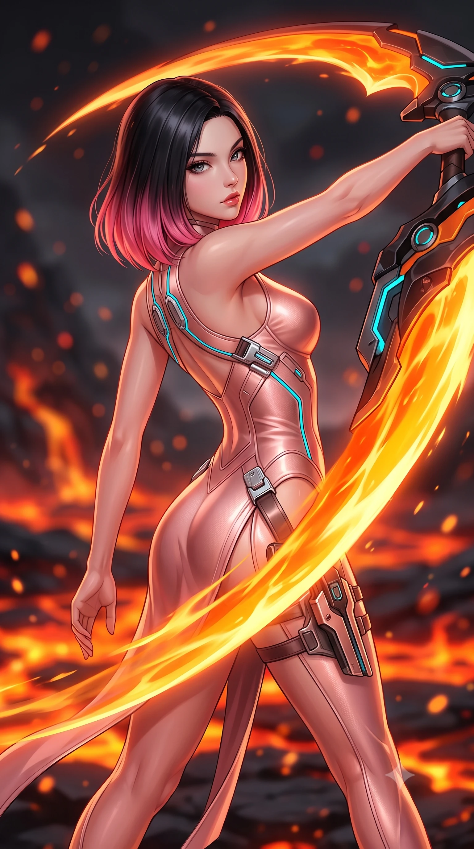 score_9, masterpiece, best quality, ultra-detailed, high-budget anime keyframe, semi-realistic 3D game render, editorial fashion photography, tasteful artistic composition, Korean woman. close-up cowboy shot from the waist and thighs up, the character dominates the composition, filling the frame with her large presence. stretching forward with an alluring arch of her spine, glancing over her shoulder with divine self-assurance and magnetic intensity while pivoting dynamically in a sweeping spin as the molten-orange plasma scythe blade leaves a blazing crescent of light in mid-air. The composition keeps background elements in soft focus with creamy bokeh. bubbling molten lava rivers and drifting volcanic embers blurred into fiery orange, crimson, and charcoal bokeh. She has an exceptionally elegant, slender, and willowy female figure with an ultra-slim waist, a gracefully sculpted slender torso, toned flat midriff, and a refined slim silhouette. sharp v-shaped jawline, high-bridge nose, intricate jewel-like eyes with depth, thick eyelashes, glossy lips with a natural sheen, flawlessly proportioned anatomical accuracy, strict slender model proportions, natural body alignment, perfectly sculpted long slender limbs, ultra-slim waistline, clean dynamic posture without body distortion. wearing a form-fitting luminous rose-gold carbon combat gown with tactical side slits, wielding a floating magnetic energy bow with celestial poise in matte obsidian carbon black with electric cyan conduits, made of lightweight aerodynamic carbon-titanium alloy with polished edge bevels, detailed with magnetic weapon holsters and polished chrome connection clasps, the form-contouring material adhering flawlessly to her sculpted flat midriff and slender torso, emphasizing her long leg lines and perfectly proportioned willowy build. bathed in blazing orange magma uplights and intense molten plasma scythe glow. rich saturated anime colors with glowing neon highlights, detailed shading with soft gradients, rich glossy textures, high-contrast stereoscopic depth, volumetric dynamic lighting, master piece, 9:16 ratio