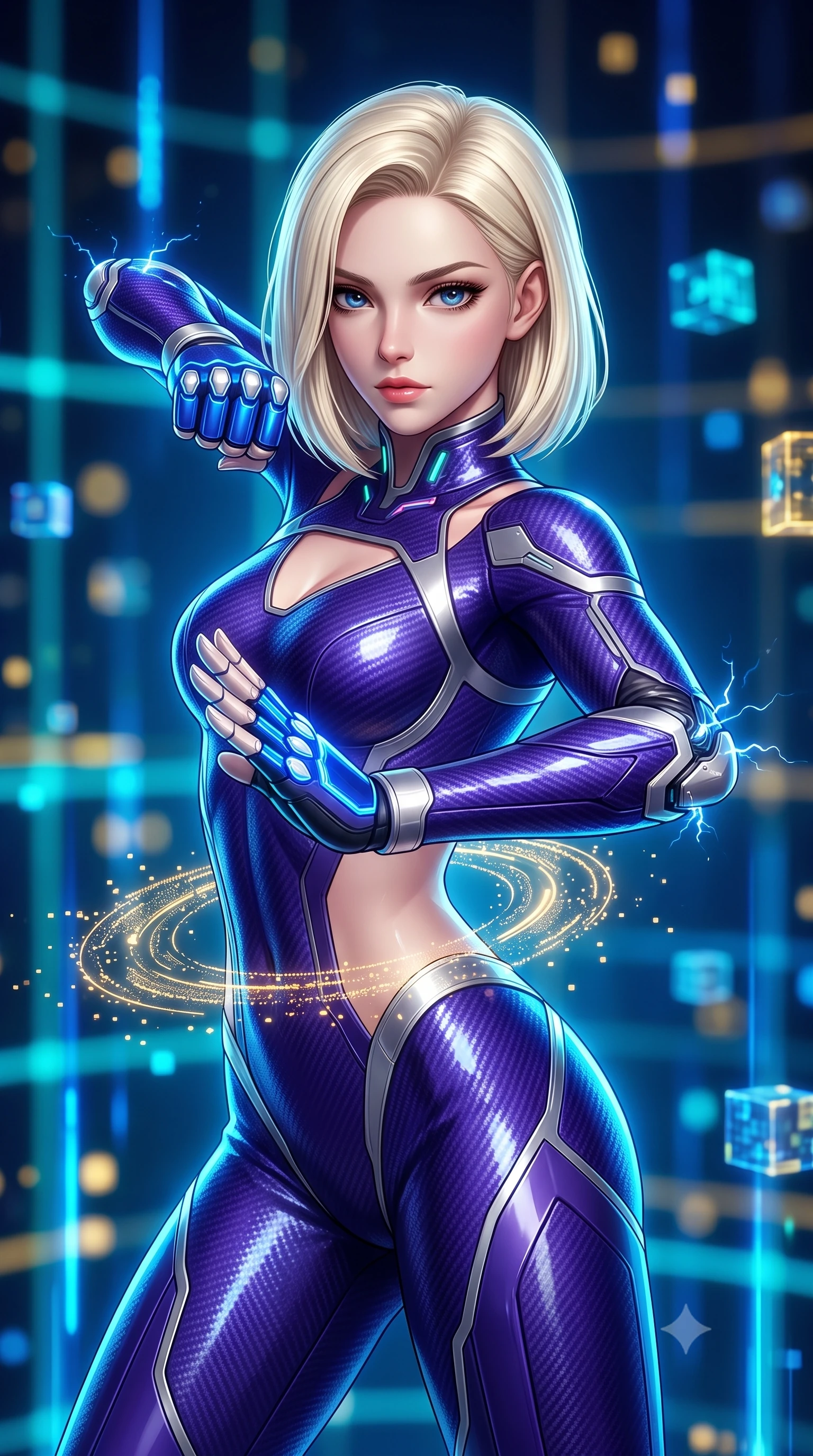 score_9, masterpiece, best quality, ultra-detailed, high-budget anime keyframe, semi-realistic 3D game render, editorial fashion photography, tasteful artistic composition, Caucasian woman. close-up cowboy shot from the waist and thighs up, the character dominates the composition, filling the frame with her large presence. twisting her upper body in a dynamic S-curve martial arts stance, cybernetic elbow dampers emitting subtle electric sparks as she aims a focused palm strike while arching her spine in a fluid zero-gravity back-arch as holographic data particles swirl in a golden mandala around her waist. The composition keeps background elements in soft focus with creamy bokeh. pulsing quantum grid lines and floating data cubes blurred into rich electric cyan, gold, and sapphire bokeh. She has an exceptionally elegant, slender, and willowy female figure with an ultra-slim waist, a gracefully sculpted slender torso, toned flat midriff, and a refined slim silhouette. sharp v-shaped jawline, high-bridge nose, intricate jewel-like eyes with depth, thick eyelashes, glossy lips with a natural sheen, flawlessly proportioned anatomical accuracy, strict slender model proportions, natural body alignment, perfectly sculpted long slender limbs, ultra-slim waistline, clean dynamic posture without body distortion. wearing a precision-fitted royal purple carbon-fiber martial arts suit with silver accents and glowing micro-circuit knuckle plating in electric cobalt blue carbon with polished platinum trim, formed from high-gloss patent carbon-plating with specular chiaroscuro reflections, featuring a sleek aerodynamic collar framed by subtle glowing cybernetic status LEDs, the precision-cut daring openings accentuating her delicate midriff, graceful bare collarbones, and ultra-slim feminine waistline. bathed in glowing electric sapphire and cyan data stream illumination with rich ambient blue fill. rich saturated anime colors with glowing neon highlights, detailed shading with soft gradients, rich glossy textures, high-contrast stereoscopic depth, volumetric dynamic lighting, master piece, 9:16 ratio