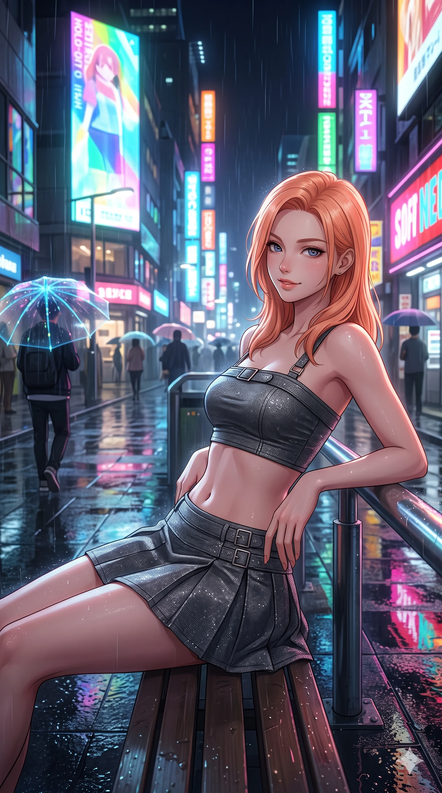 score_9, masterpiece, best quality, ultra-detailed, high-budget anime keyframe, editorial fashion photography, tasteful artistic composition, Japanese woman. close-up cowboy shot from the waist and thighs up, the character dominates the composition, filling the frame with her large presence. leaning back against the balustrade with relaxed seductive grace, head tilted back slightly while casting a hypnotic, heavy-lidded gaze while lounging gracefully across the sheltered street bench with legs extended, displaying her long slender limbs and statuesque hourglass silhouette amid rain-washed neon. The surrounding environment is rendered in vivid detail and crisp panoramic clarity: sharp wet asphalt paver reflections, luminous umbrella fiber-optic ribs, and razor-sharp holographic typography in deep focus. She has an exceptionally elegant, slender, and willowy female figure with an ultra-slim waist, flat toned midriff, narrow ribcage, and sculpted feminine hips creating an alluring, slim hourglass silhouette without bulk. sharp v-shaped jawline, high-bridge nose, intricate jewel-like sparkling eyes with depth, thick eyelashes, glossy parted lips with a natural peach sheen, bright cheerful beaming smile with an enchanting and coquettish sensual glint, exuding both youthful cute charm and seductive allure, flawlessly proportioned anatomical accuracy, strict slender model proportions, natural body alignment, perfectly sculpted long slender limbs, ultra-slim waistline, clean dynamic posture without body distortion. wearing an ultra-cropped fitted bandeau top paired with a micro mini tennis skirt revealing her flat toned midriff in charcoal grey and polished chrome, woven from stretch metallic lurex jersey casting radiant starlight glints across her curves, finished with sleek magnetic buckle closures fluttering in the breeze, the form-contouring silhouette accentuating her sculpted flat midriff, narrow delicate ribcage, and gracefully curvy hips with intoxicating allure. bathed in the dynamic multi-colored glow of towering holographic billboards mixed with street rain reflections. ultra-reflective glossy finish, specular highlights, rich textural contrasts, high-contrast stereoscopic depth, volumetric dynamic lighting, 2k, ultra detail, master piece, 9:16 ratio