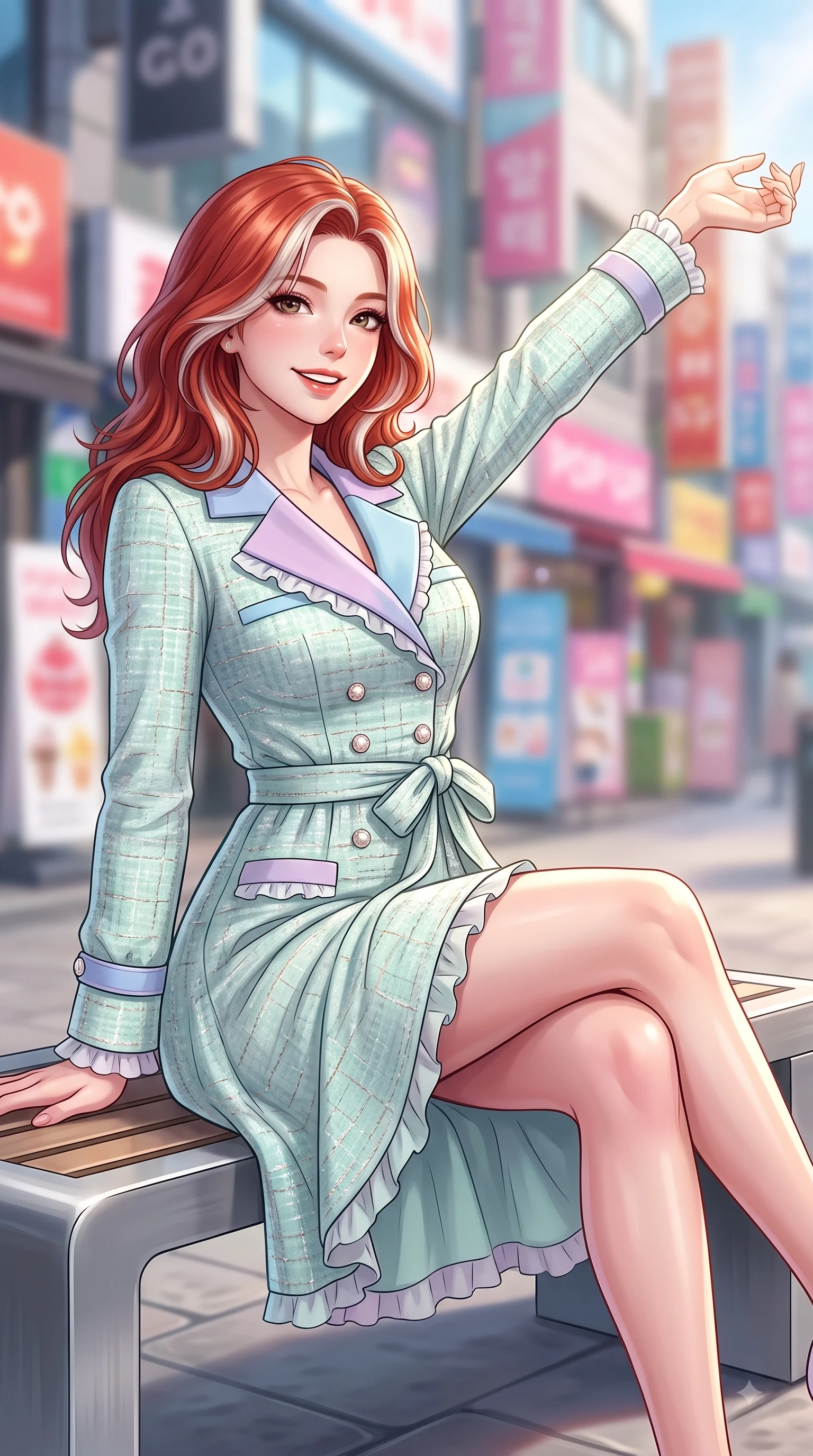 score_9, masterpiece, best quality, ultra-detailed, high-budget anime keyframe, editorial fashion photography, tasteful artistic composition, Caucasian woman. close-up cowboy shot from the waist and thighs up, the character dominates the composition, filling the frame with her large presence. Extending one arm in an elegant stretch toward the light while smiling with vibrant, youthful self-assurance while resting on a sleek modern outdoor bench outside a trendy dessert cafe with a joyful expression. The composition keeps background elements in soft focus with dreamy bokeh. colorful urban shop signs and trendy street pop-up stores blurred in creamy background bokeh. She has an exceptionally elegant, slender, and willowy female figure with an ultra-slim waist, a gracefully sculpted slender torso, and a refined silhouette. sharp v-shaped jawline, high-bridge nose, intricate jewel-like eyes with depth, thick eyelashes, glossy lips with a natural sheen, flawlessly proportioned anatomical accuracy, natural body alignment, perfectly sculpted elegant limbs, clean dynamic posture without body distortion. wearing a stylish pastel mint trench dress with a tied belt waist and folded collar in soft pastel lavender and sky blue, tailored from soft pastel tweed with subtle metallic thread, finished with subtle ruffle trims and delicate pearl buttons, the soft airy drape swaying gracefully with her dynamic movements. illuminated by crisp clear afternoon key light and vibrant street highlights. highly saturated vibrant anime colors, detailed shading with soft gradients, rich glossy textures, high-contrast stereoscopic depth, volumetric dynamic lighting, master piece, 9:16 ratio