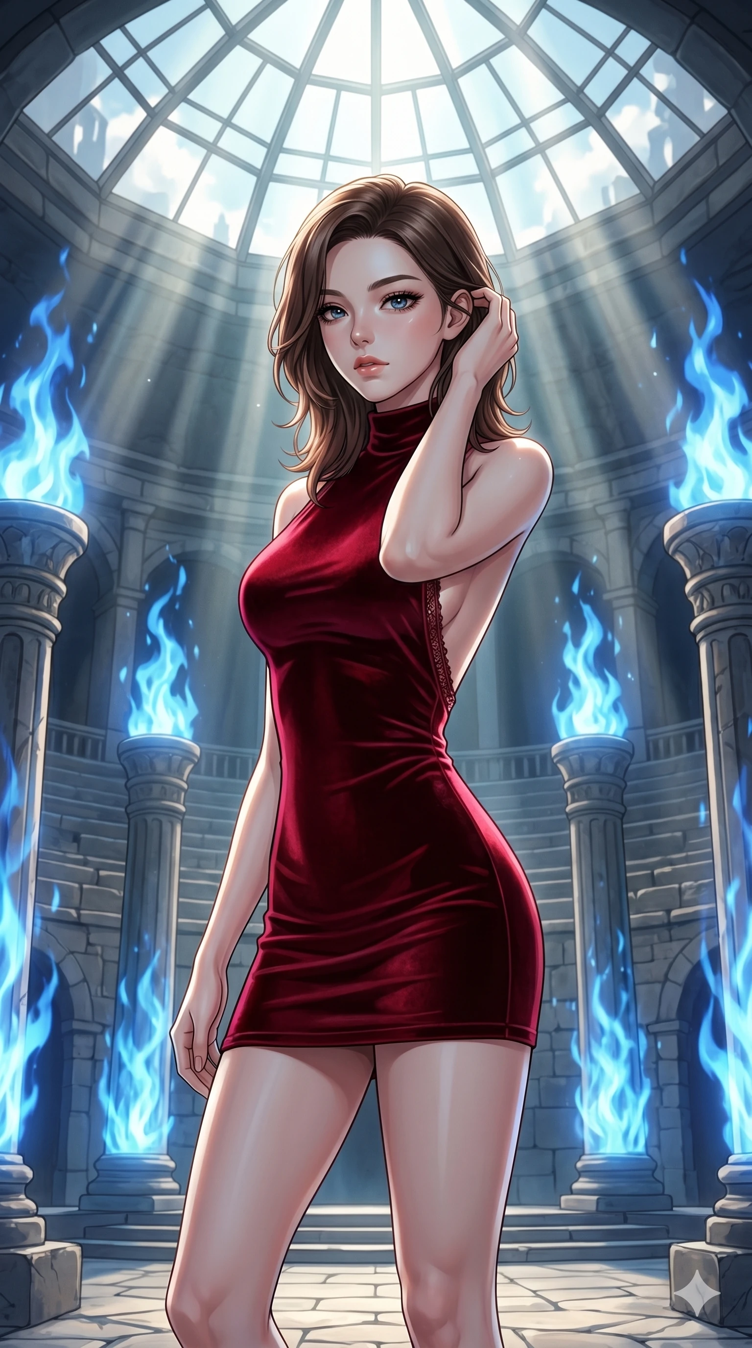 score_9, masterpiece, best quality, ultra-detailed, high-budget anime keyframe, editorial fashion photography, tasteful artistic composition, Korean woman. cowboy shot from the thighs up, character and outfit filling the frame for maximum editorial presence. Lifting one hand to gently tuck hair behind her ear mid-frame at the center of an outdoor stone amphitheater surrounded by towering pillars of blue flame. She has an absolutely perfect 8-heads proportion, an exceptionally tall and slender female figure with impossibly long slender legs and an ultra-slim waist. V-shaped jawline, high-bridge nose, intricate jewel-like eyes with depth, thick eyelashes, glossy lips with a natural sheen. wearing a high-neck mini dress in deep crimson velvet with a dramatically scooped open-back design and a precision-fitted silhouette ending at mid-thigh. drenched in cinematic god-ray sunlight descending from a vaulted glass ceiling, illuminating her form. 2k, ultra detail, master piece, 9:16 ratio