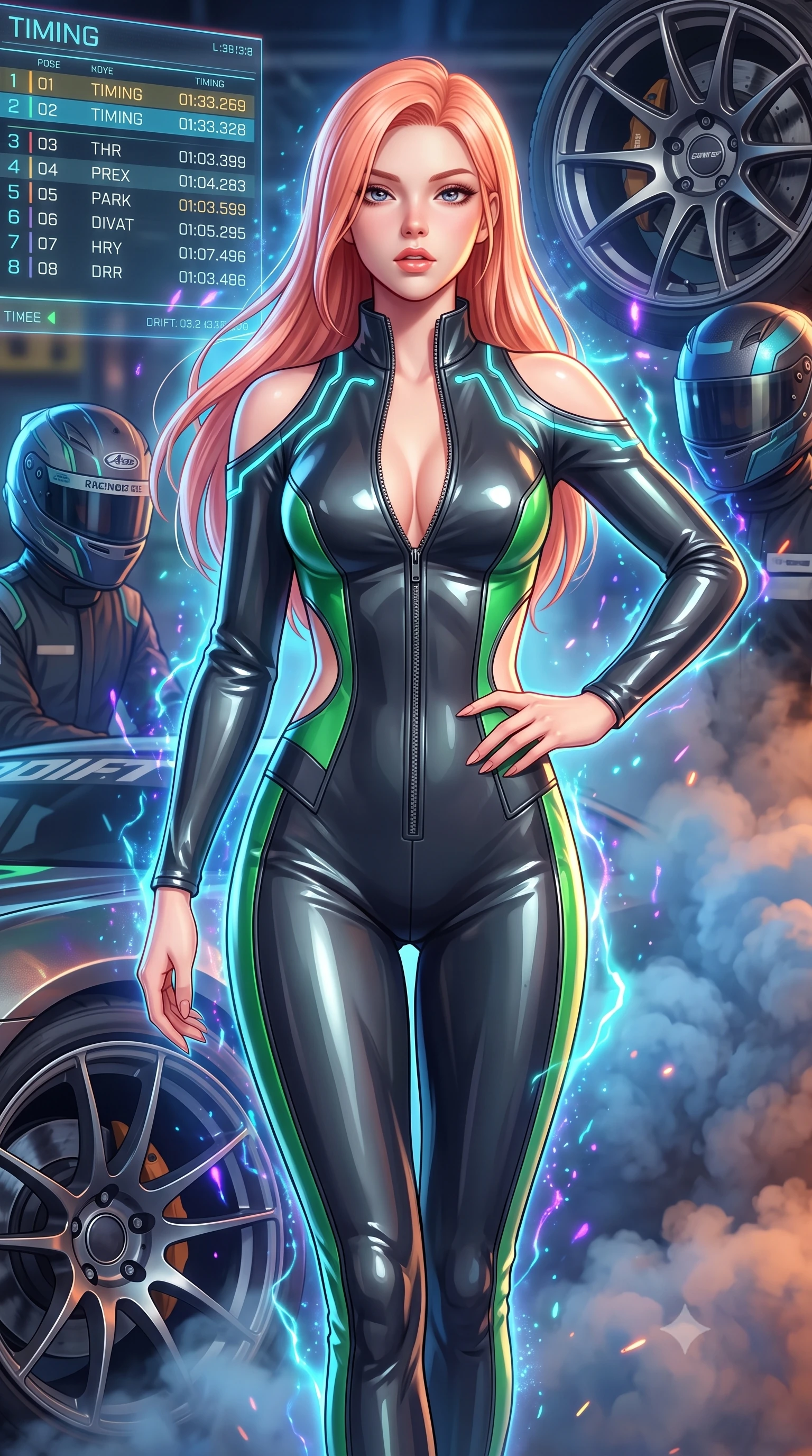 score_9, masterpiece, best quality, ultra-detailed, high-budget anime keyframe, semi-realistic 3D game render, editorial fashion photography, tasteful artistic composition, Japanese woman. close-up cowboy shot from the waist and thighs up, the character dominates the composition, filling the frame with her large presence. arching her spine in an alluring serpentine S-curve, one hand resting on her waist with parted glossy lips and an intensely magnetic gaze while stepping forward with proud runway strides amidst rising tire smoke, her statuesque vertical presence commanding the frame. The surrounding environment is rendered in vivid detail and crisp panoramic clarity. detailed holographic timing displays, alloy wheel spokes, and high-tech racing helmet in high clarity. She has an exceptionally elegant, slender, and willowy female figure with an ultra-slim waist, a gracefully sculpted slender torso, toned flat midriff, and a refined slim silhouette. sharp v-shaped jawline, high-bridge nose, intricate jewel-like eyes with depth, thick eyelashes, glossy parted lips with a natural sheen, intensely captivating and seductive expression, flawlessly proportioned anatomical accuracy, strict slender model proportions, natural body alignment, perfectly sculpted long slender limbs, ultra-slim waistline, clean dynamic posture without body distortion. wearing a high-gloss patent leather racing catsuit with an open front zipper and high stand collar in dark carbon grey and laser green accents, crafted from flexible ballistic matte leather and aerodynamic stretch neoprene, finished with glowing cyan circuit lines tracing her collarbones and shoulders, the precision-cut daring openings accentuating her delicate midriff, graceful bare collarbones, and ultra-slim feminine waistline. surrounded by an adrenaline-fueled, audacious, and wildly charismatic drift idol aura. highly saturated vibrant anime colors, detailed shading with soft gradients, rich glossy textures, high-contrast stereoscopic depth, volumetric dynamic lighting, master piece, 9:16 ratio