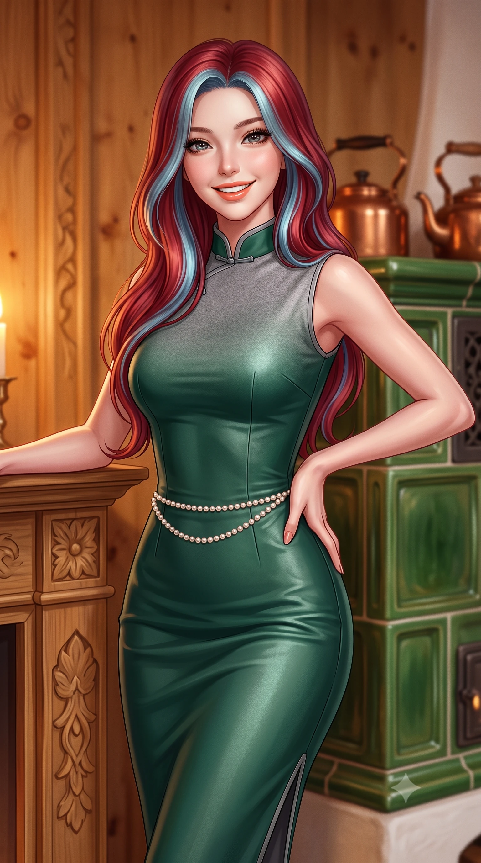 score_9, masterpiece, best quality, ultra-detailed, high-budget anime keyframe, semi-realistic 3D game render, editorial fashion photography, tasteful artistic composition, Caucasian woman. close-up cowboy shot from the waist and thighs up, the character dominates the composition, filling the frame with her large presence. leaning gracefully against the carved mantelpiece with one hand on her hip, showcasing her slender waist and feminine posture while leaning against the warm ceramic tiles of the traditional Kachelofen stove, wrapped in a luxurious blanket scarf with cozy contented grace. The background shows a soft-focus hand-carved Swiss stone pine wood walls, painted green ceramic stove tiles, and copper kettles blurred into warm honey, forest green, and amber bokeh. She has an exceptionally elegant, slender, and willowy female figure with an ultra-slim waist, flat toned midriff, narrow ribcage, and sculpted feminine hips creating an alluring, slim hourglass silhouette without bulk. sharp v-shaped jawline, high-bridge nose, intricate jewel-like sparkling eyes with depth, thick eyelashes, glossy parted lips with a natural peach sheen, bright cheerful beaming smile with an enchanting and coquettish sensual glint, exuding both youthful cute charm and seductive allure, flawlessly proportioned anatomical accuracy, strict slender model proportions, natural body alignment, perfectly sculpted long slender limbs, ultra-slim waistline, clean dynamic posture without body distortion. wearing a modern form-fitting silk-knit cheongsam-inspired dress with subtle standing collar and snug tailored waist darts in St. Moritz pine forest emerald and heather grey, crafted from buttery-soft stretch lambskin leather adhering to her body like a second skin, accented with a dainty pearl waist chain catching the ambient sunlight across her sculpted waistline, the liquid-tight tailored fabric clinging flawlessly to her narrow waist and rounded feminine hips, emphasizing every millimeter of her sculpted slim hourglass curves without any bulky heaviness. bathed in cozy 2700K warm ambient candlelight and soft porcelain stove radiance combined with cool winter window light. highly saturated vibrant anime colors, detailed shading with soft gradients, rich glossy textures, high-contrast stereoscopic depth, volumetric dynamic lighting, master piece, 9:16 ratio