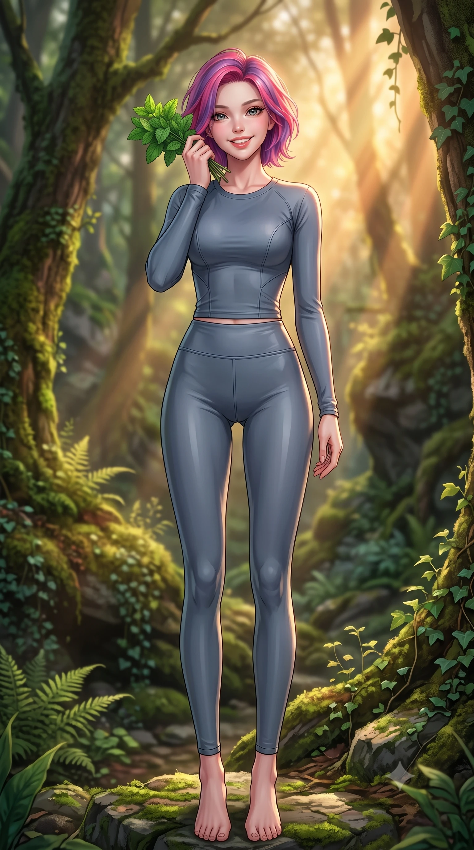 score_9, masterpiece, best quality, ultra-detailed, high-budget anime keyframe, editorial fashion photography, tasteful artistic composition, Caucasian woman. low angle full-body shot from head to toe showing her feet, filling the entire 9:16 vertical frame with her statuesque presence, stretching her vertical silhouette. standing with a cute, bright pose, tilting her head with a beaming smile set against a soft-focus background of in a shaded valley glen with tall ancient trees and wild ivy vines holding a bunch of fresh wild mint leaves with a delighted look. She has an absolutely perfect, statuesque 8.5-heads proportion, an exceptionally tall and slender model-like female figure with impossibly long slender legs and an ultra-slim waist. sharp v-shaped jawline, high-bridge nose, intricate jewel-like eyes with depth, thick eyelashes, glossy lips with a natural sheen. wearing body-hugging form-fitting activewear top in slate grey, outlining her slender torso. golden hour sunset light slicing through the valley gorge in warm rays. highly saturated vibrant anime colors, detailed shading with soft gradients, rich glossy textures, high-contrast stereoscopic depth, volumetric dynamic lighting, master piece, 9:16 ratio