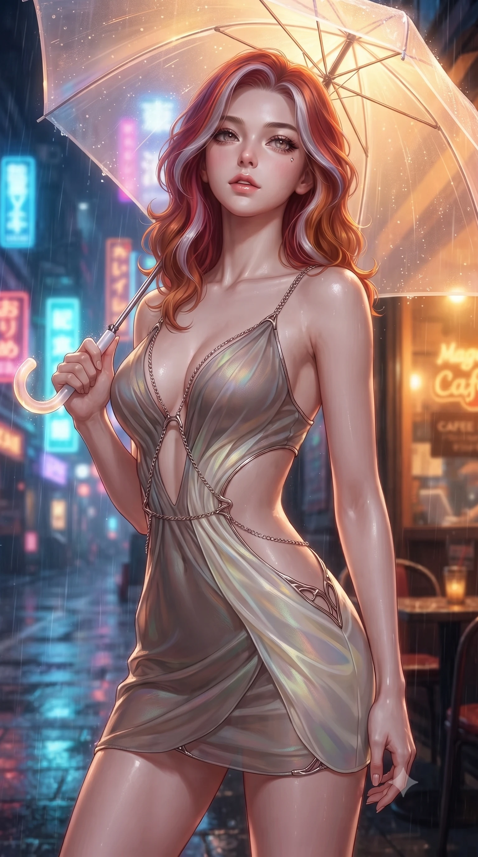 score_9, masterpiece, best quality, ultra-detailed, high-budget anime keyframe, editorial fashion photography, tasteful artistic composition, Caucasian woman. close-up cowboy shot from the waist and thighs up, the character dominates the composition, filling the frame with her large presence, background elements kept in soft focus. Tilting her chin up slightly with lips parted in a magnetic, composed expression holding a glowing translucent umbrella under vibrant neon street signs at night, warm indoor cafe glow contrasting beautifully with cool rainy street lighting. She has an exceptionally elegant, slender, and willowy female figure with an ultra-slim waist, a gracefully sculpted slender torso, and a refined silhouette. sharp v-shaped jawline, high-bridge nose, intricate jewel-like eyes with depth, thick eyelashes, glossy lips with a natural sheen. wearing a dramatic open-waist cutout mini dress framed by sculptural hardware in muted taupe and soft ivory, crafted from iridescent chiffon that shifts colors in the light, adorned with delicate metallic chain straps along the neckline, the sleek second-skin texture accentuating her magnetic presence. illuminated by warm indoor golden amber light and cool rainy blue neon rim light. ultra-reflective glossy finish, specular highlights, metallic sheen, high-contrast stereoscopic depth, volumetric dynamic lighting, 2k, ultra detail, master piece, 9:16 ratio