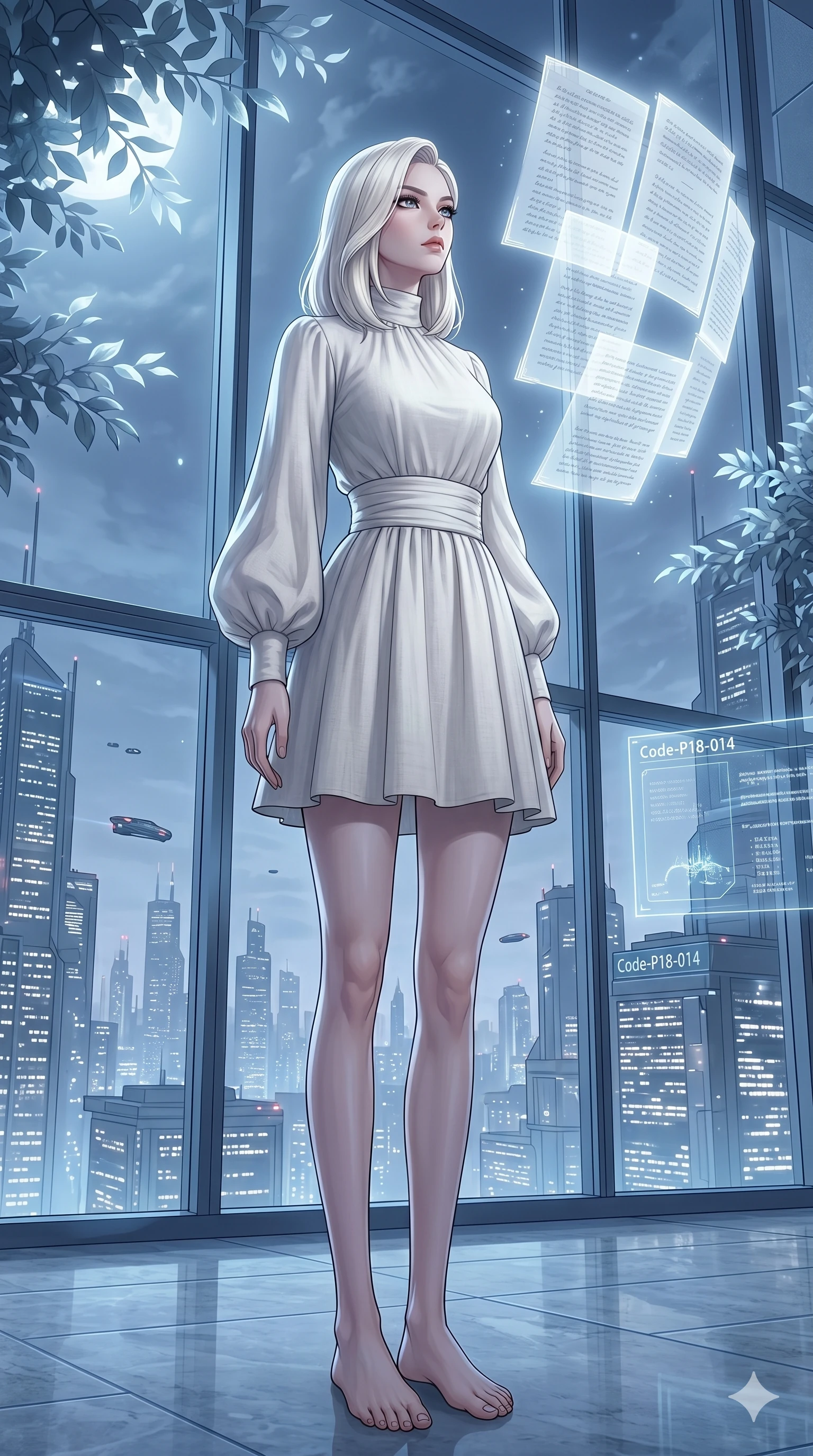 score_9, masterpiece, best quality, ultra-detailed, high-budget anime keyframe, editorial fashion photography, tasteful artistic composition, Caucasian woman, strictly human ears. low angle full-body shot from head to toe showing her feet, filling the entire 9:16 vertical frame with her statuesque presence, stretching her vertical silhouette. gazing at a floating glowing manuscript, her expression composed, intelligent and powerful in a high-rise sky lobby with panoramic windows showing a glowing metropolis (Code-P18-014). She has an absolutely perfect 8-heads proportion, an exceptionally tall and slender female figure with impossibly long slender legs and an ultra-slim waist. V-shaped jawline, high-bridge nose, intricate jewel-like eyes with depth, thick eyelashes, glossy lips with a natural sheen. wearing a high-neck linen sundress with long puffed sleeves and a wide sash. soft silver moonlight filtered through the leaves, creating a mystical and elegant glow. 2k, ultra detail, master piece, 9:16 ratio